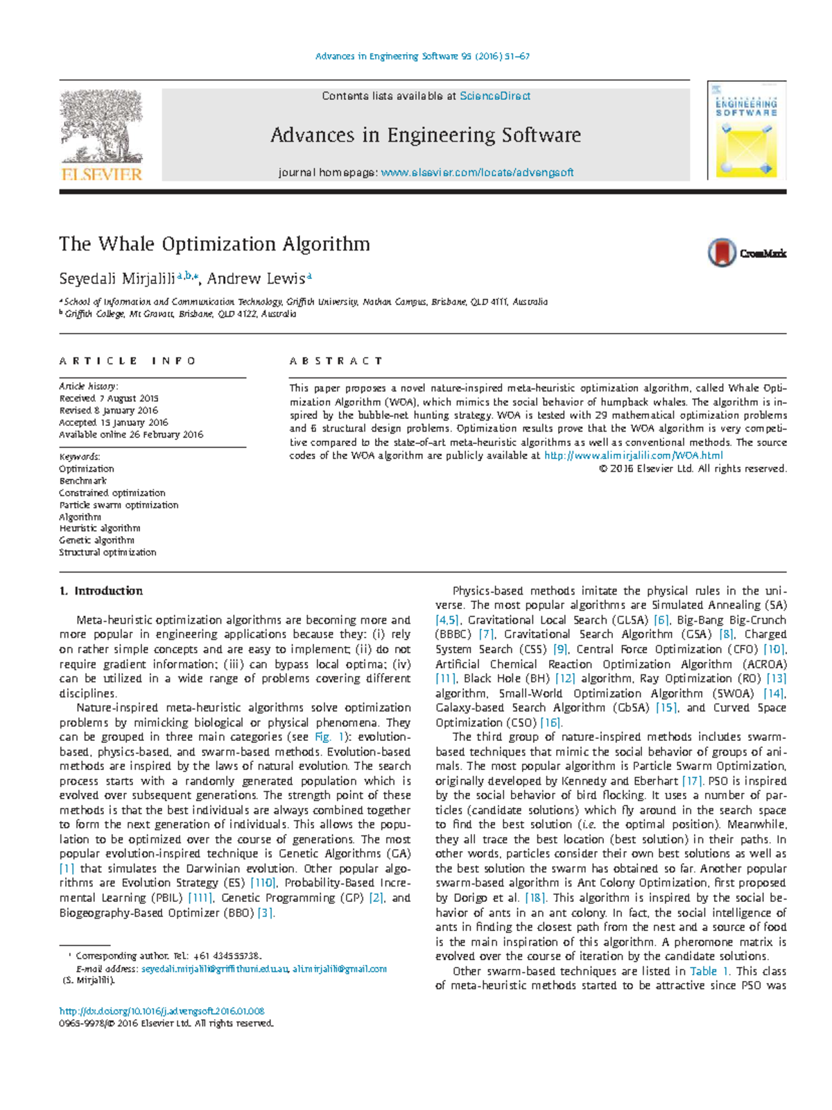 Whale Optimization Algorithm: A Novel Approach to Engineering ...