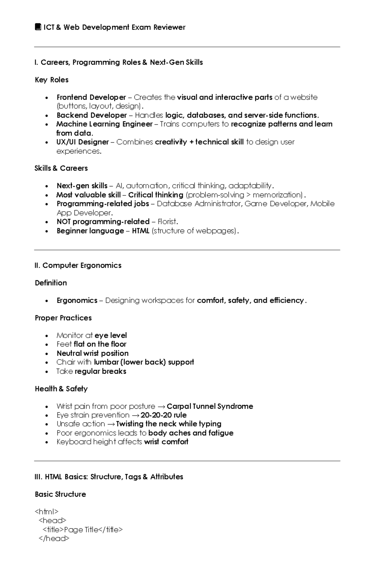 ICT Web Development Exam Reviewer I: Key Roles & Skills Overview - Studocu