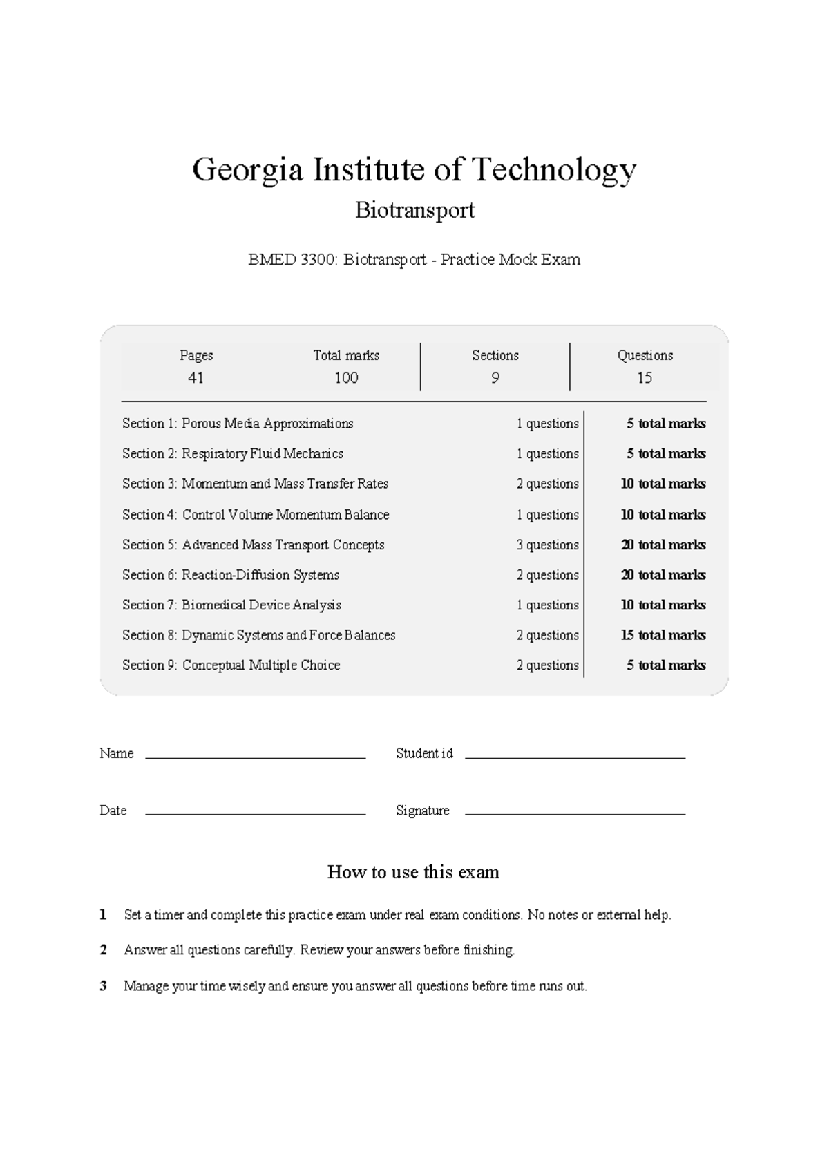 BMED 3300 Biotransport Practice Test 2026: Mock Exam Guide - Studocu