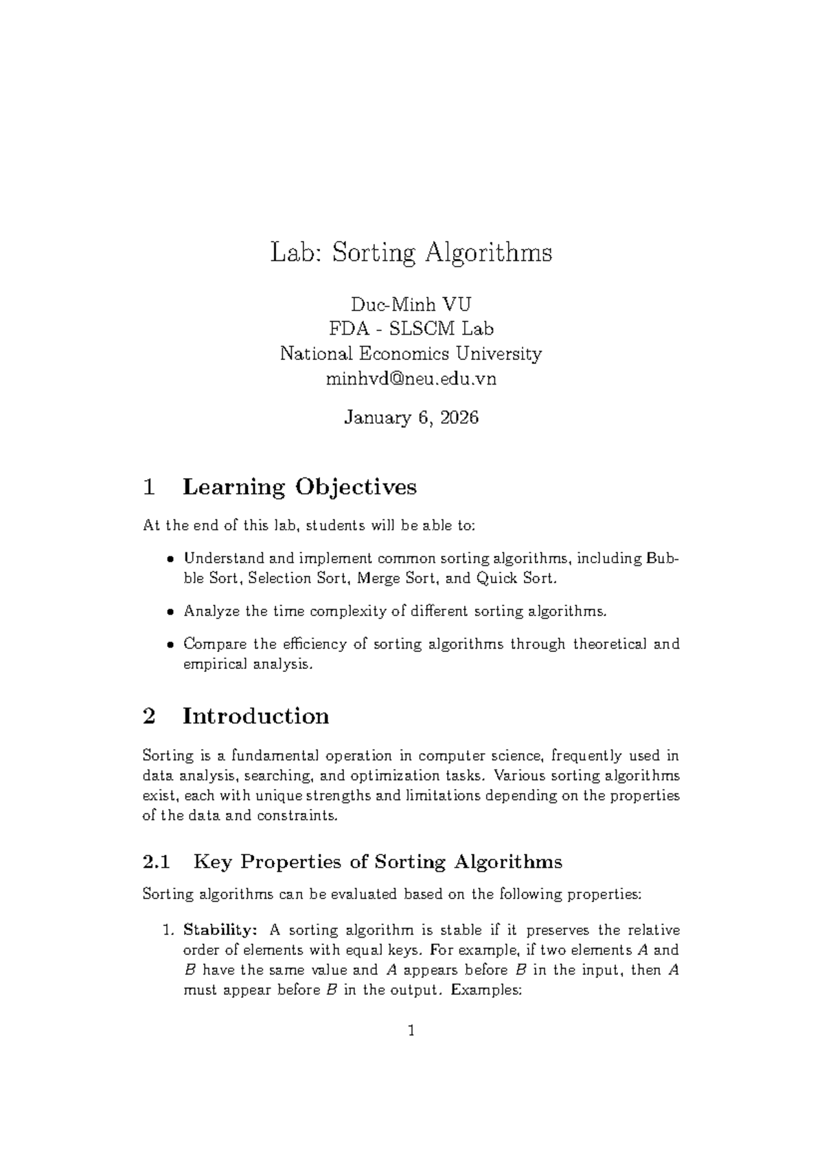 Lab: Sorting Algorithms VU FDA SLSCM Lab Notes - Studocu