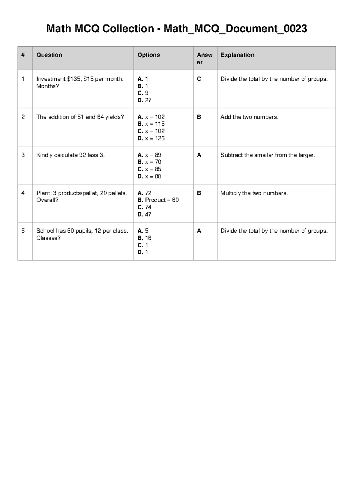 Math MCQ Collection for Review - Math_MCQ_Document_0023 - Studocu