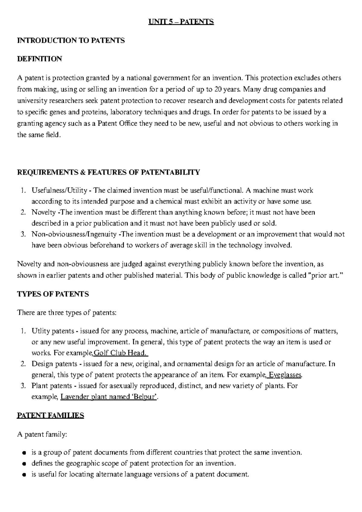 RM unit 5 complete notes - UNIT 5 – PATENTS INTRODUCTION TO PATENTS ...