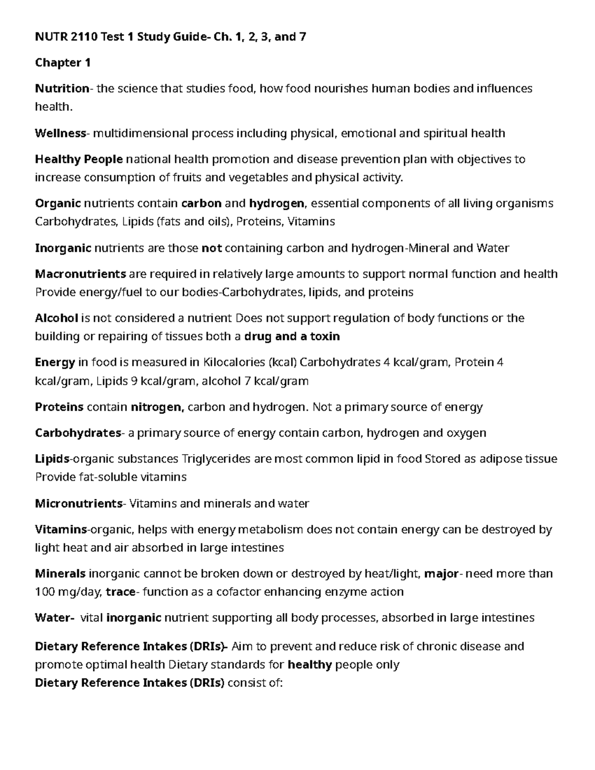NUTR 2110 Test 1 Study Guide: Key Concepts from Ch. 1, 2, 3, & 7 - Studocu