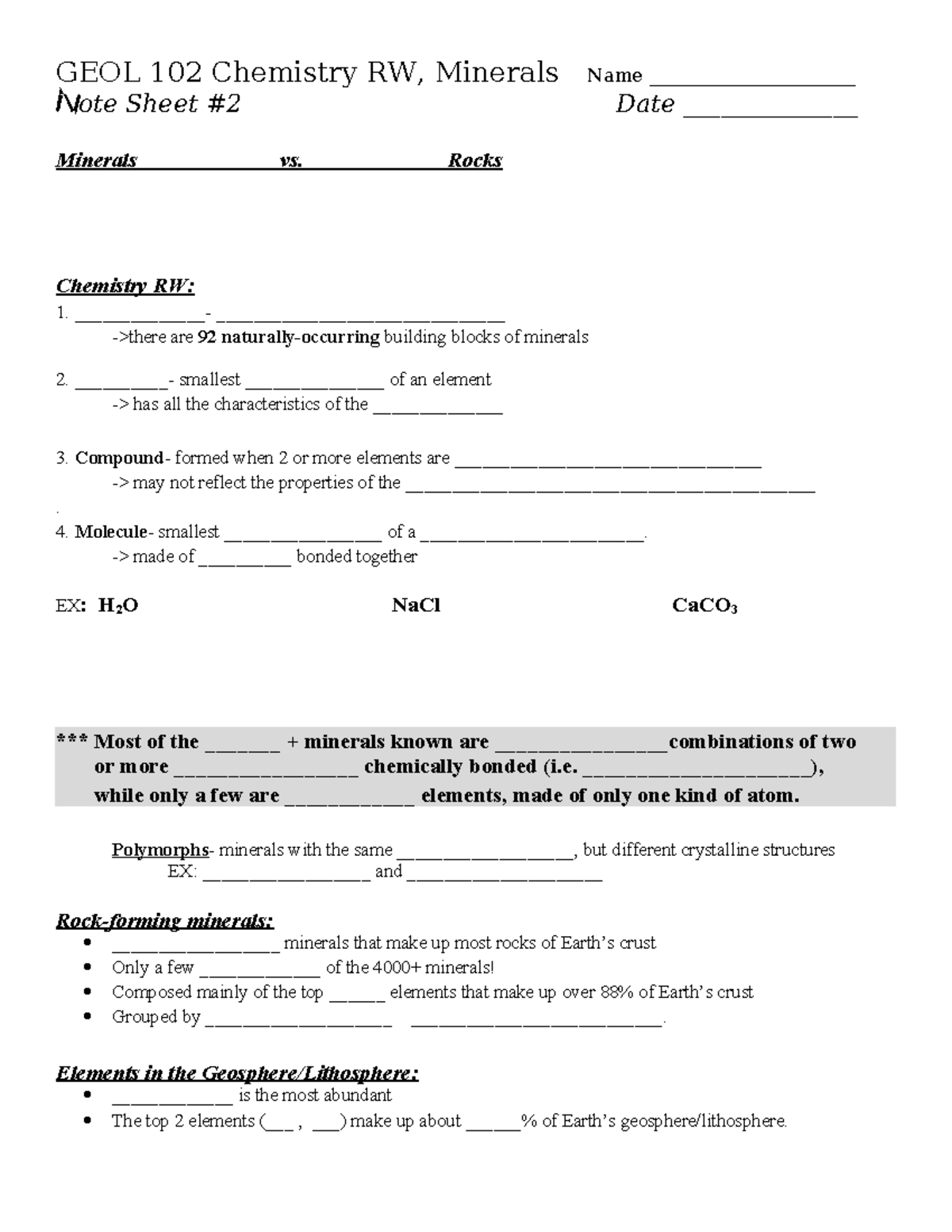 GEOL 102 Minerals Note Sheet: Chemistry & Rock Formation Insights - Studocu