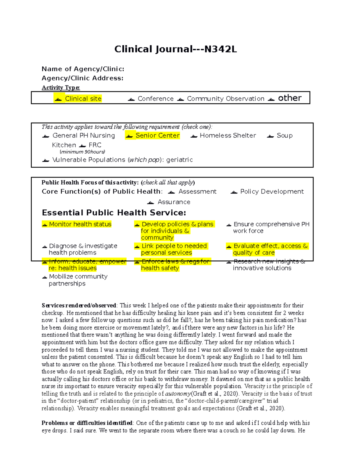 Journals for clinical hours - Clinical Journal-N342L Name of Agency ...