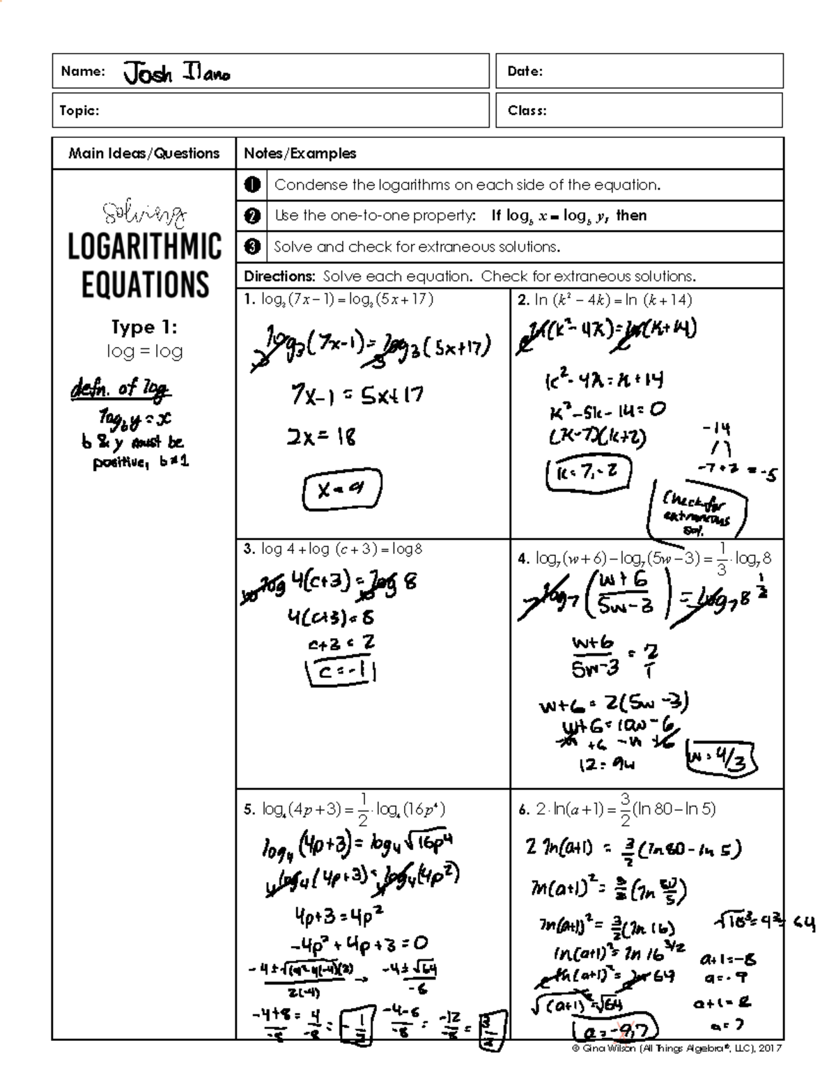 Solving Logarithmic Equations Notes - Main Ideas/Questions Notes ...