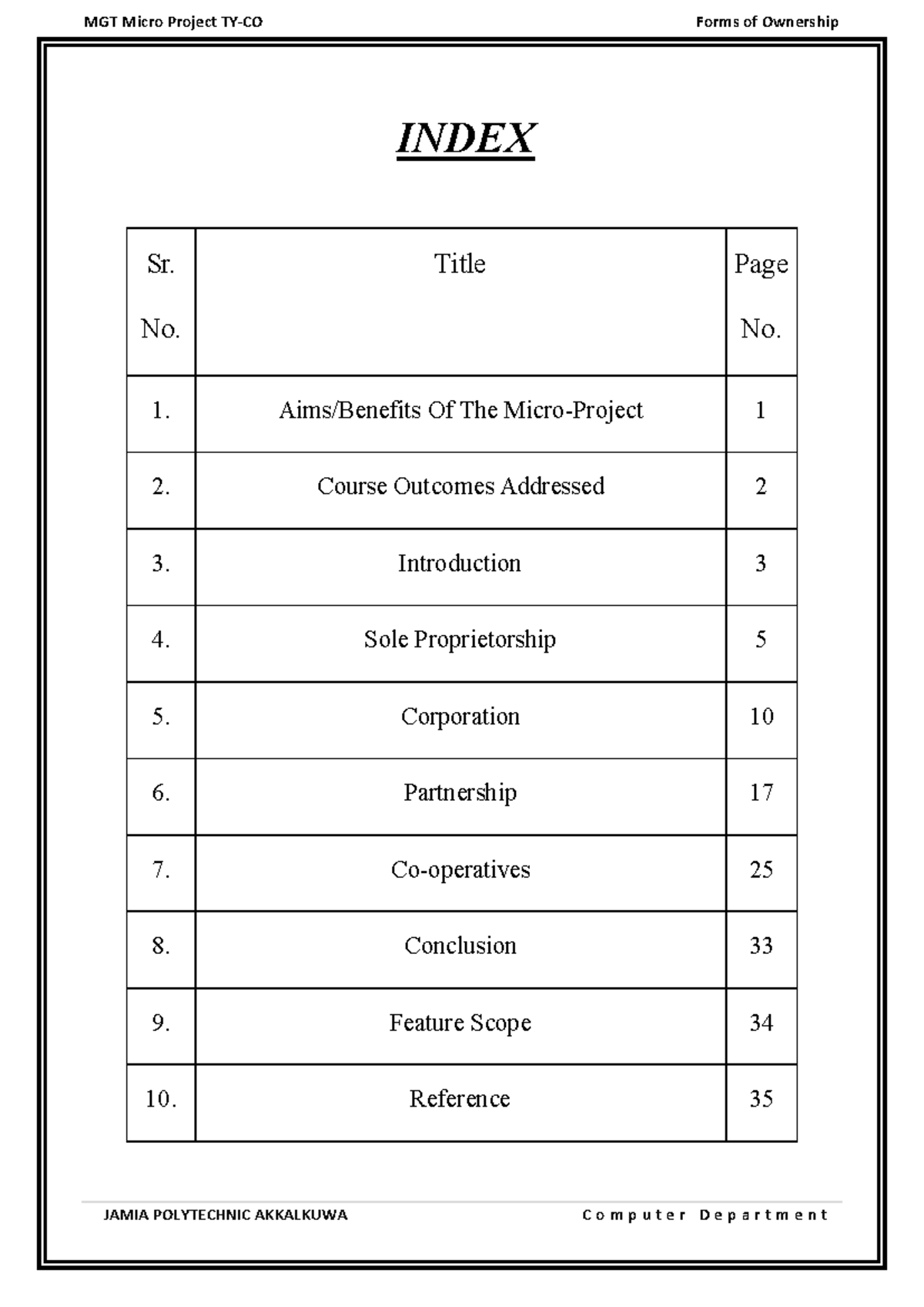 MGT Index - Computer Engineering - MGT Micro Project TY-CO Forms of ...