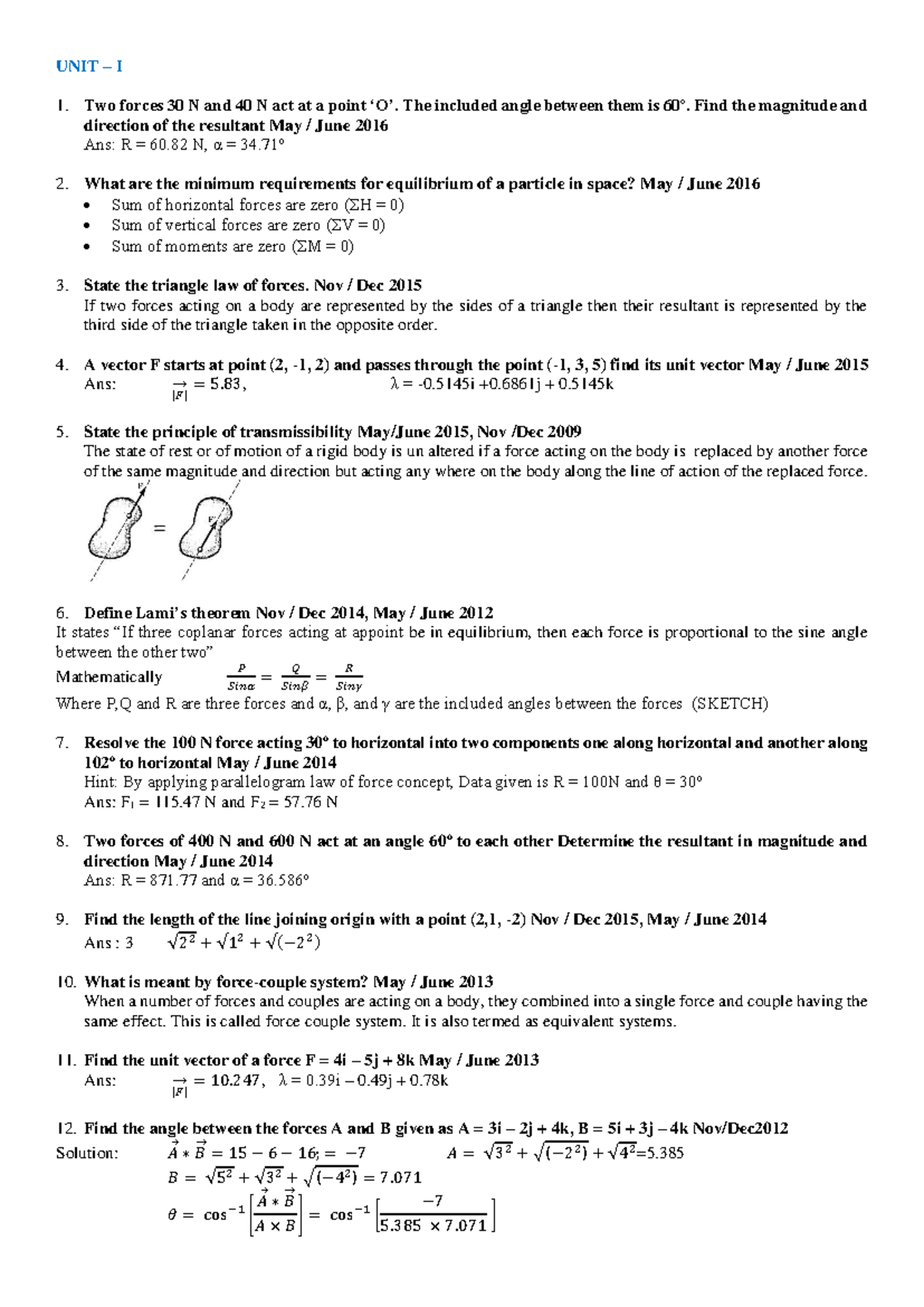 Engineering Mechanics: Unit I to V Study Notes (May/June 2016) - Studocu