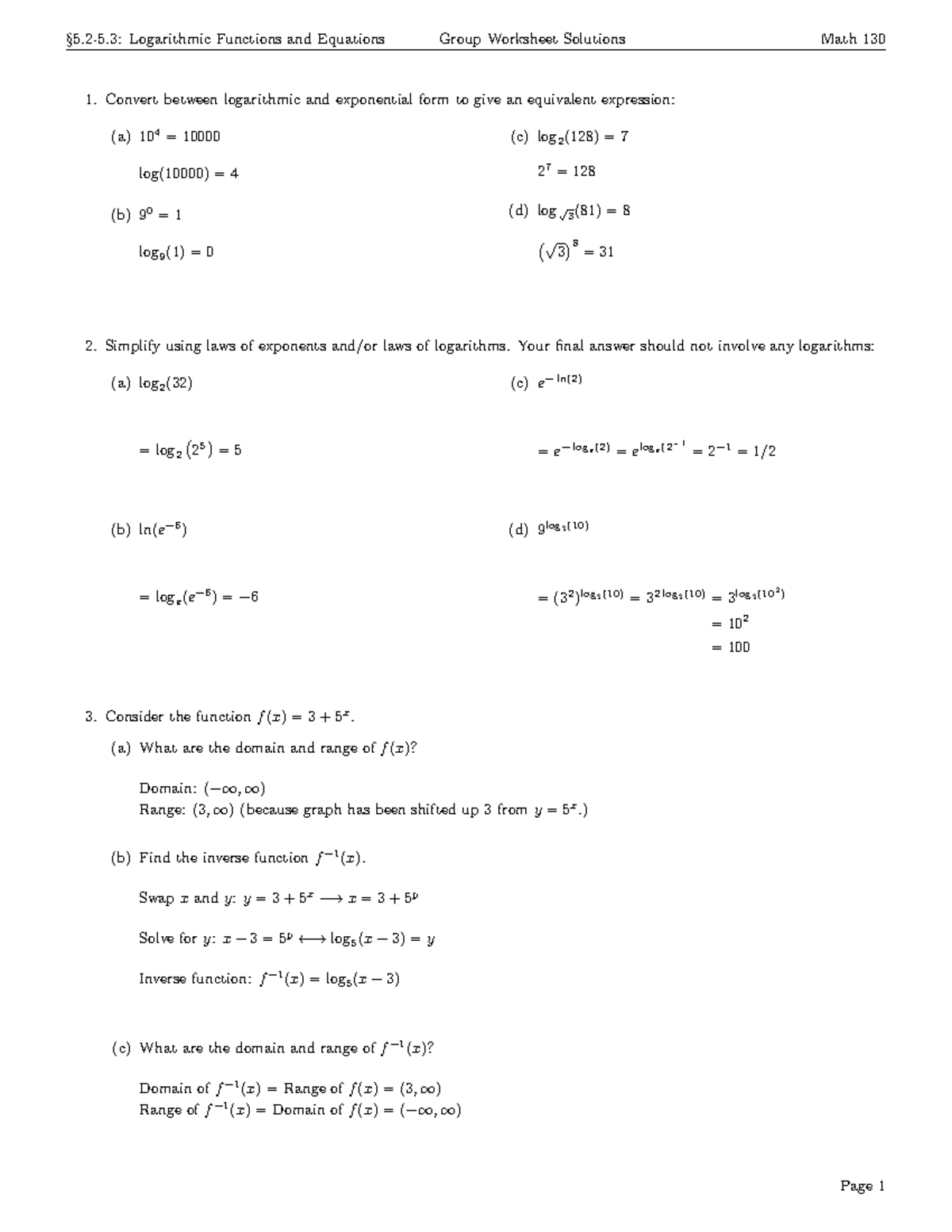 Math 130 Group Worksheet: Logarithmic Functions - Studocu