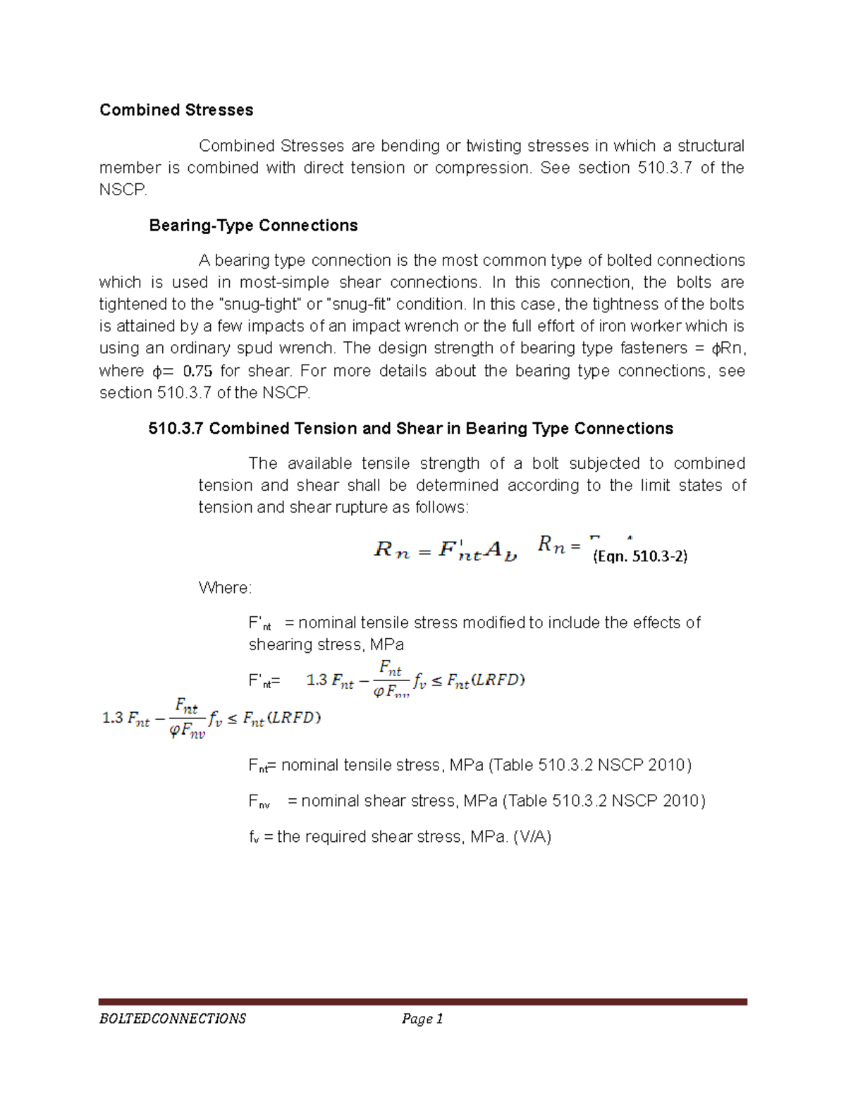 STEEL DESIGN 15 Final Exam Notes on Bolted Connections and Stresses ...