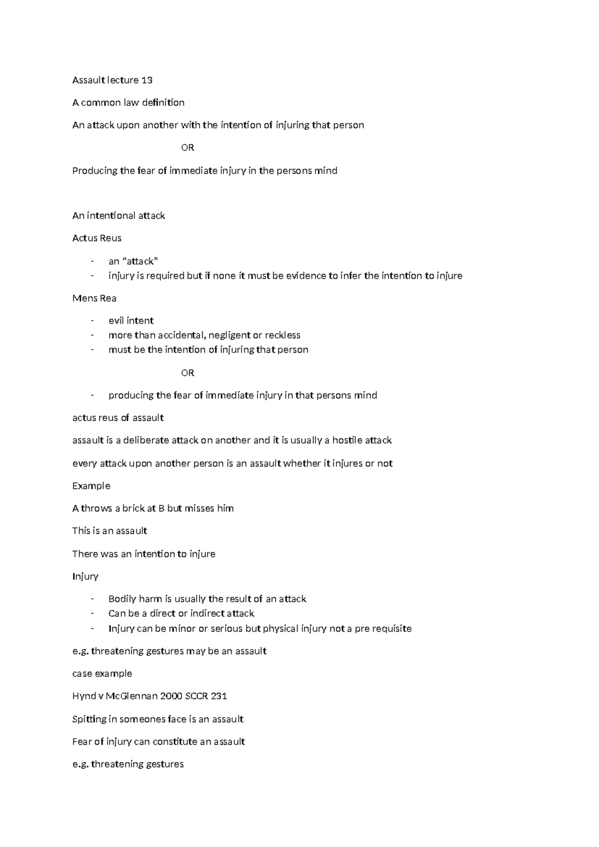 Assault Lecture 13: Common Law Definition and Key Case Examples - Studocu