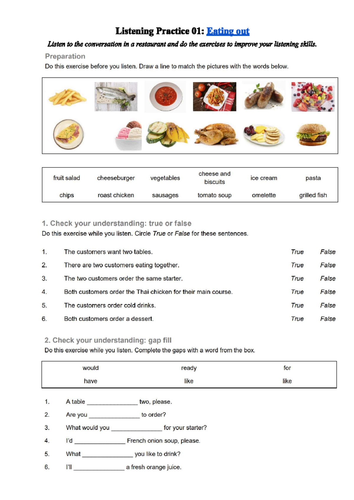 Listening Practice 01: Restaurant Conversation Exercises - Studocu