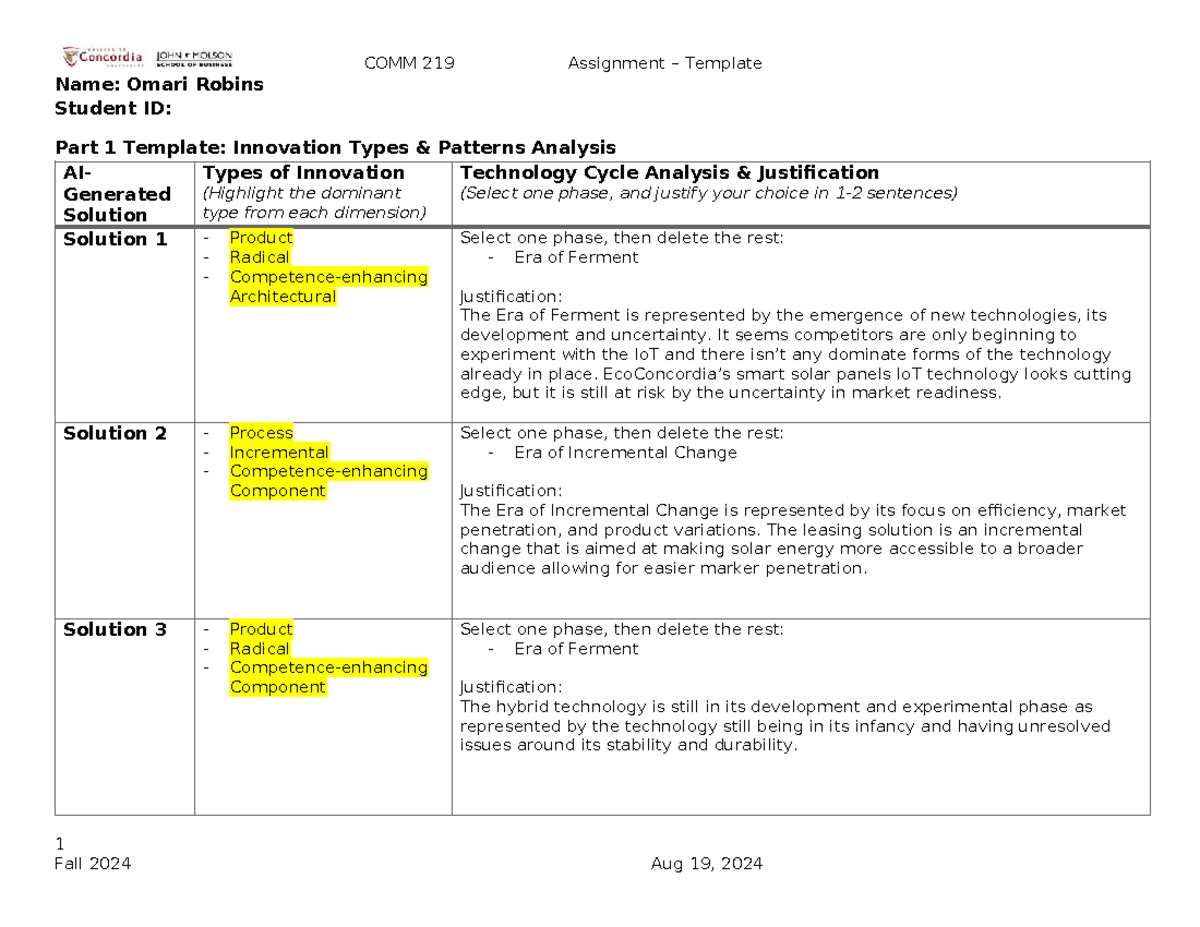 COMM 219 Assignment Template: Innovation & Value Analysis F2024 - Studocu