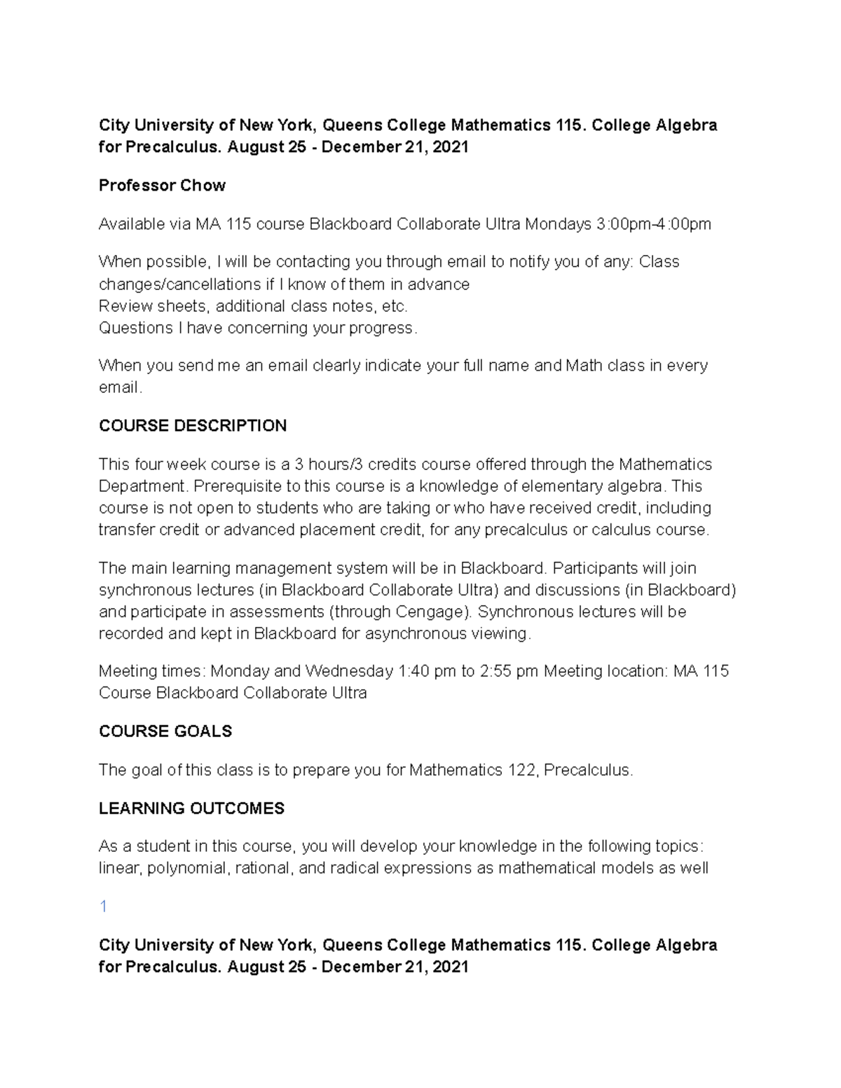 City University of New York, Queens College Mathematics 115 - College ...