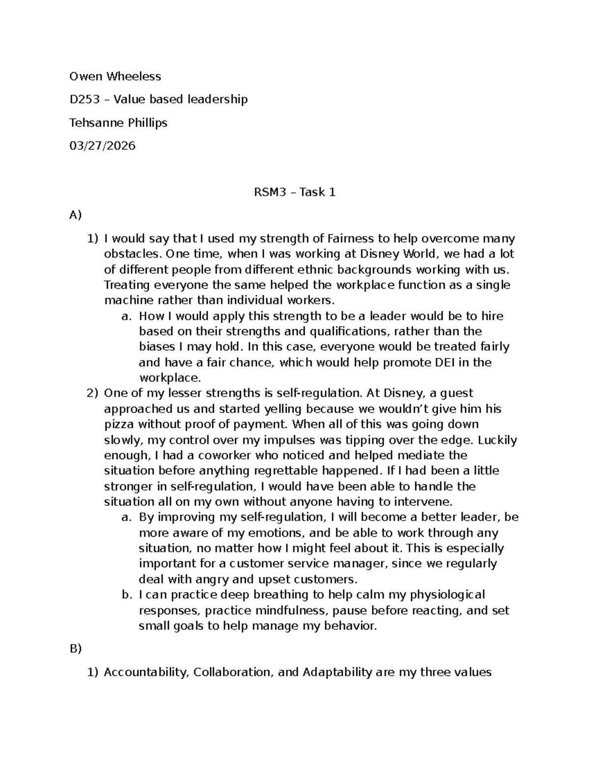 RSM3 Task 1 - Value-Based Leadership Insights by Owen Wheeless - Studocu