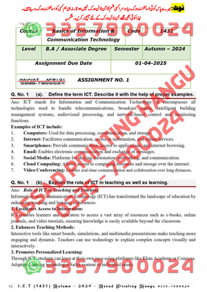 AIOU 1431-2 EM Autumn 2024: Basics of ICT Assignment Solutions - Studocu