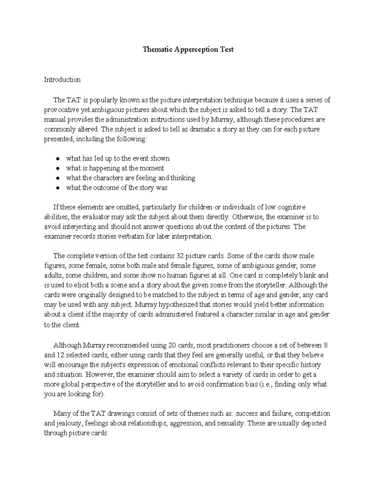 Thematic Apperception Test (TAT) Methodology and Analysis Report - Studocu