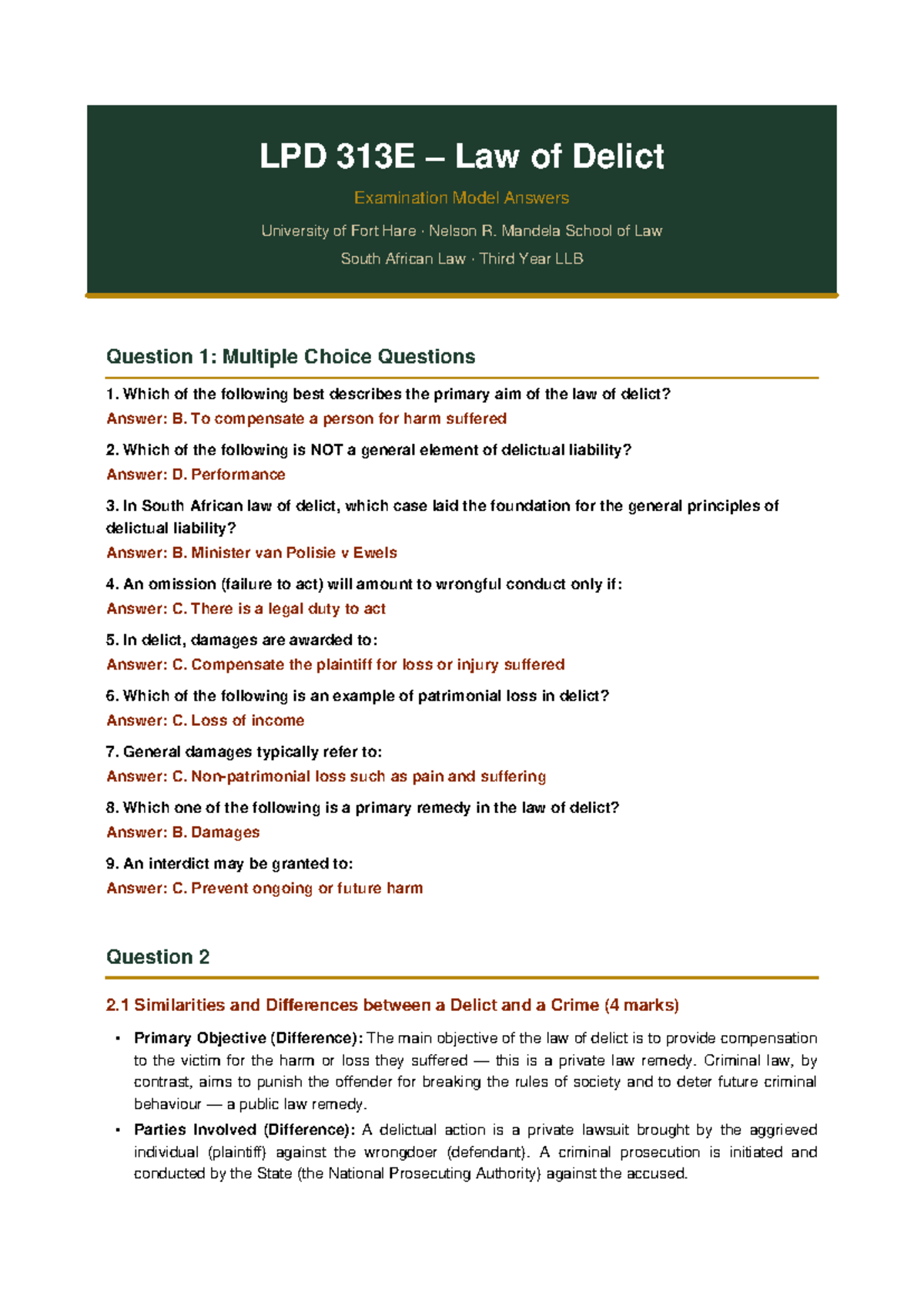 LPD 313E Law of Delict Exam Model Answers - University of Fort Hare ...