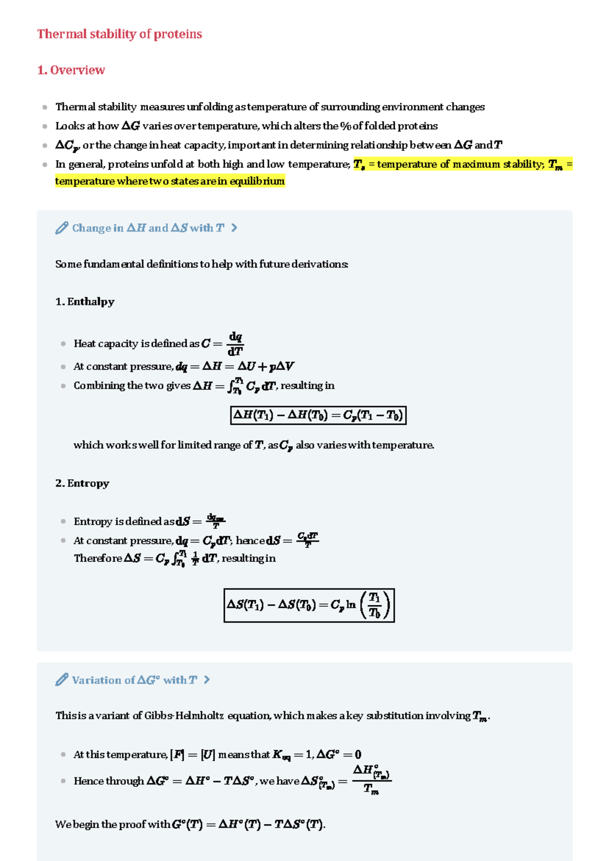 Thermal Stability of Proteins: Key Concepts and Equations - Studocu
