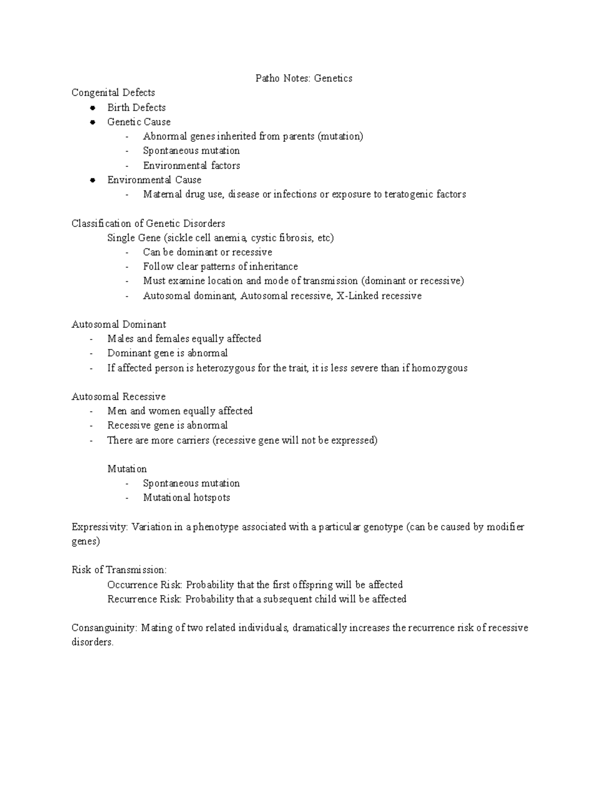 Patho 101: Genetics Notes on Congenital Defects & Disorders - Studocu
