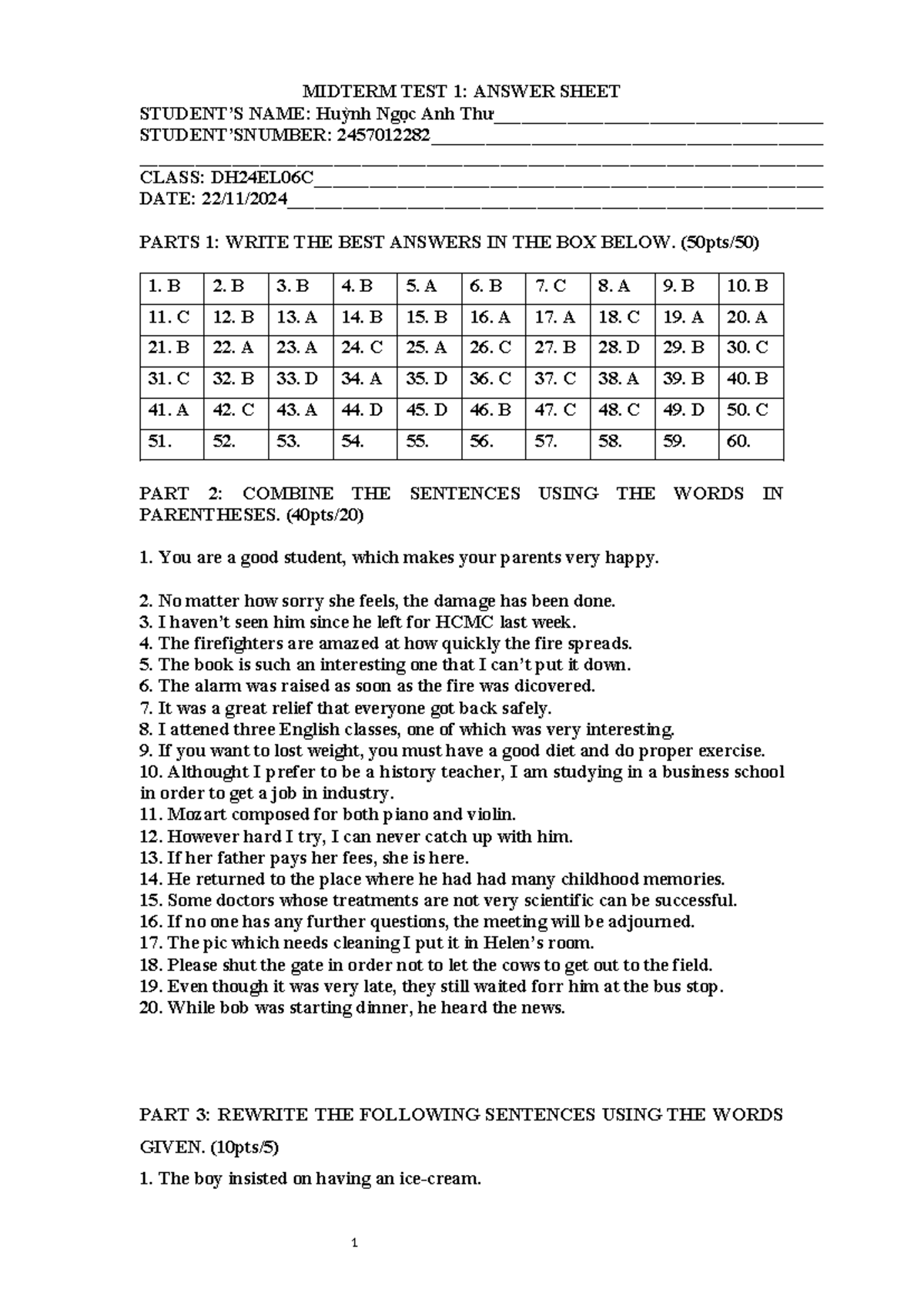 MIDTERM TEST 1: ANSWER SHEET FOR HUỲNH NGỌC ANH - Studocu
