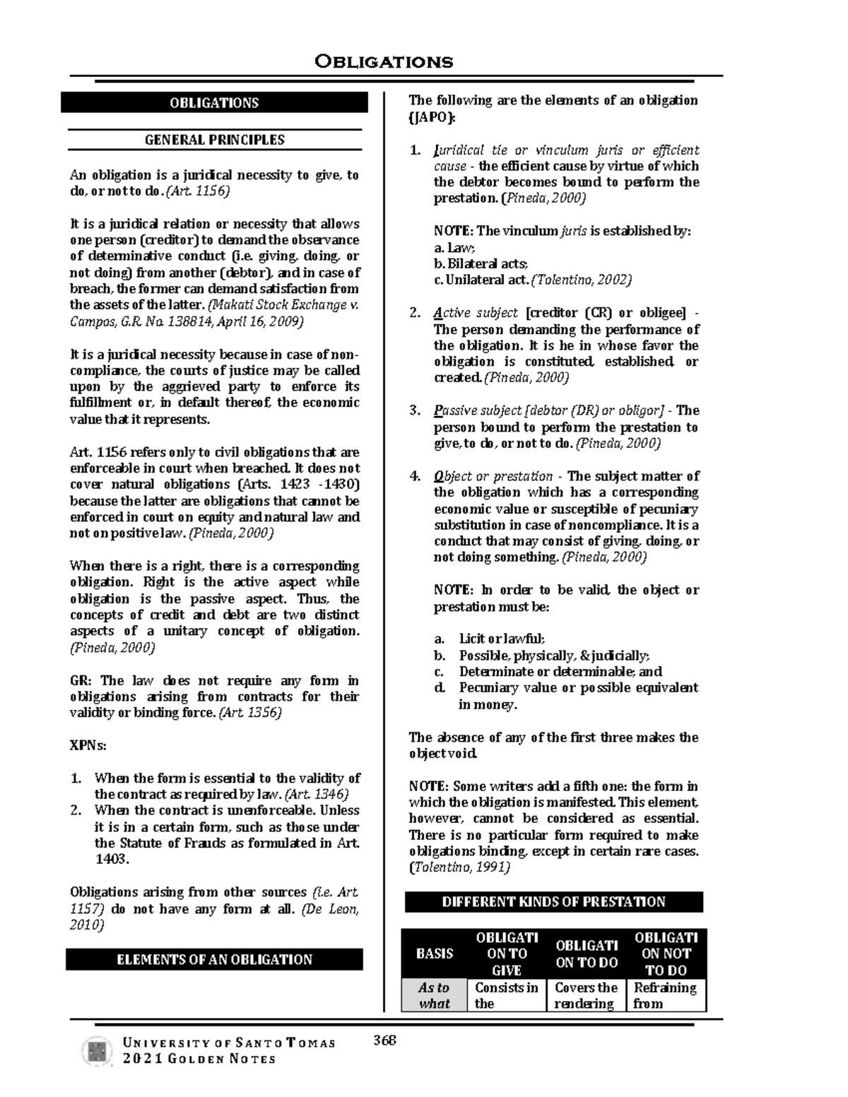 Obligations and Civil Law Principles: UST 2021 Golden Notes - Studocu