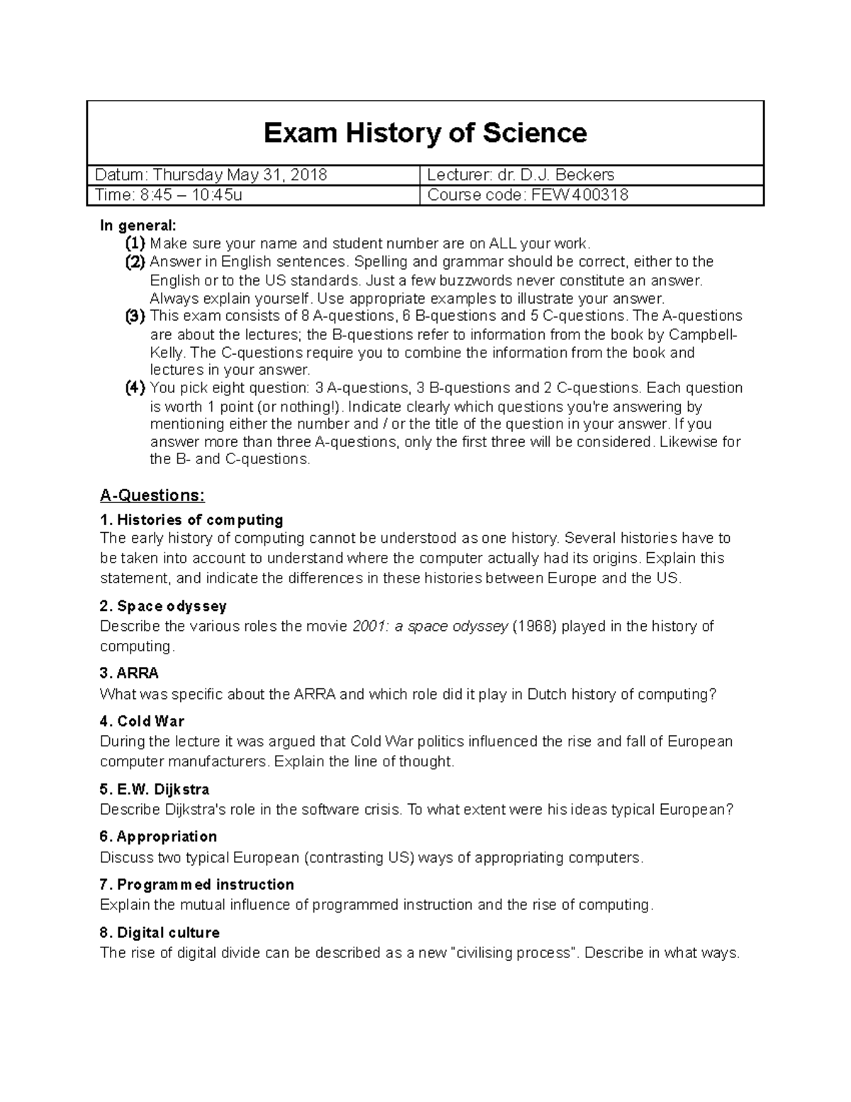 FEW 400318 Final Exam: History of Science - Questions & Guidelines ...