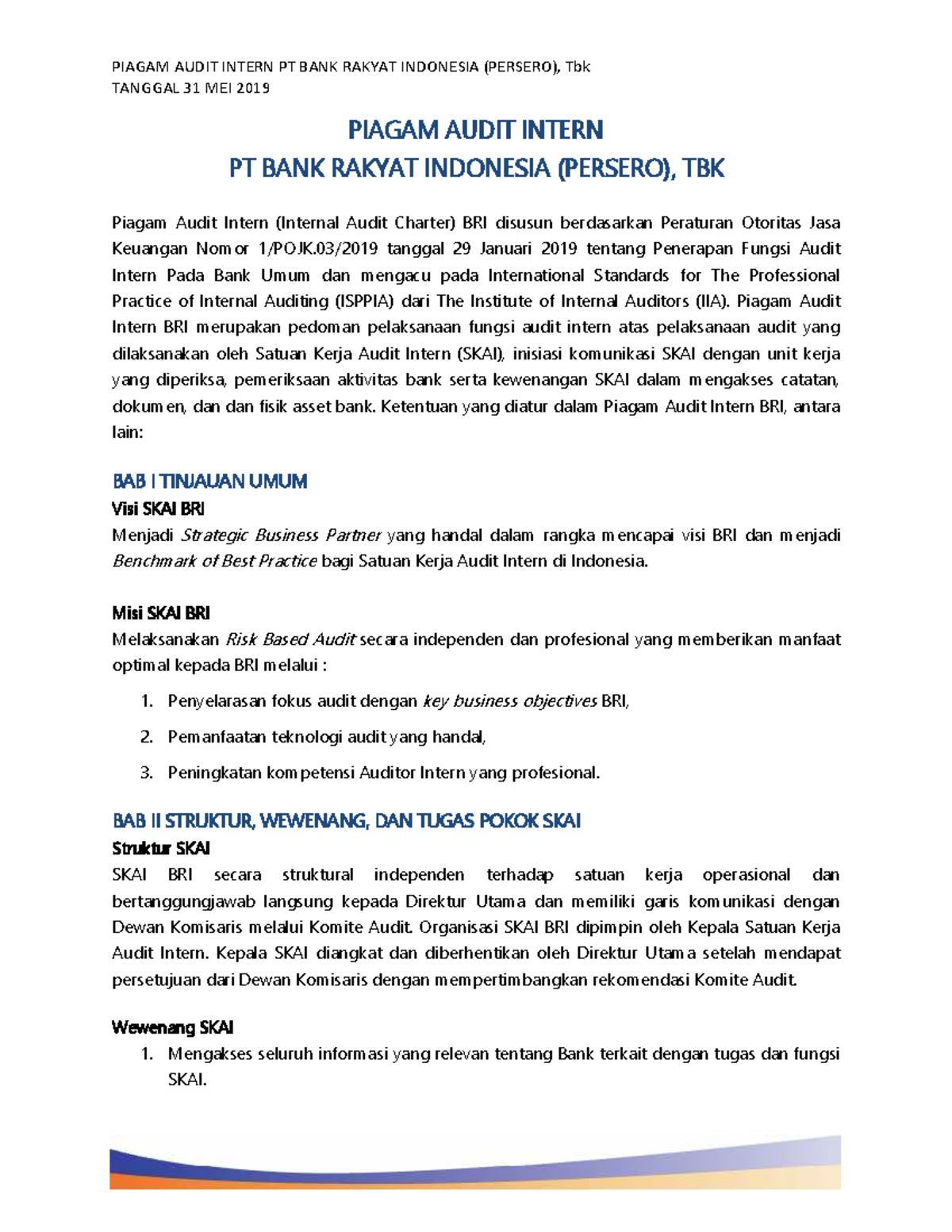 Piagam Audit Intern BRI (PERSERO) - Tanggal 31 Mei 2019 - Studocu