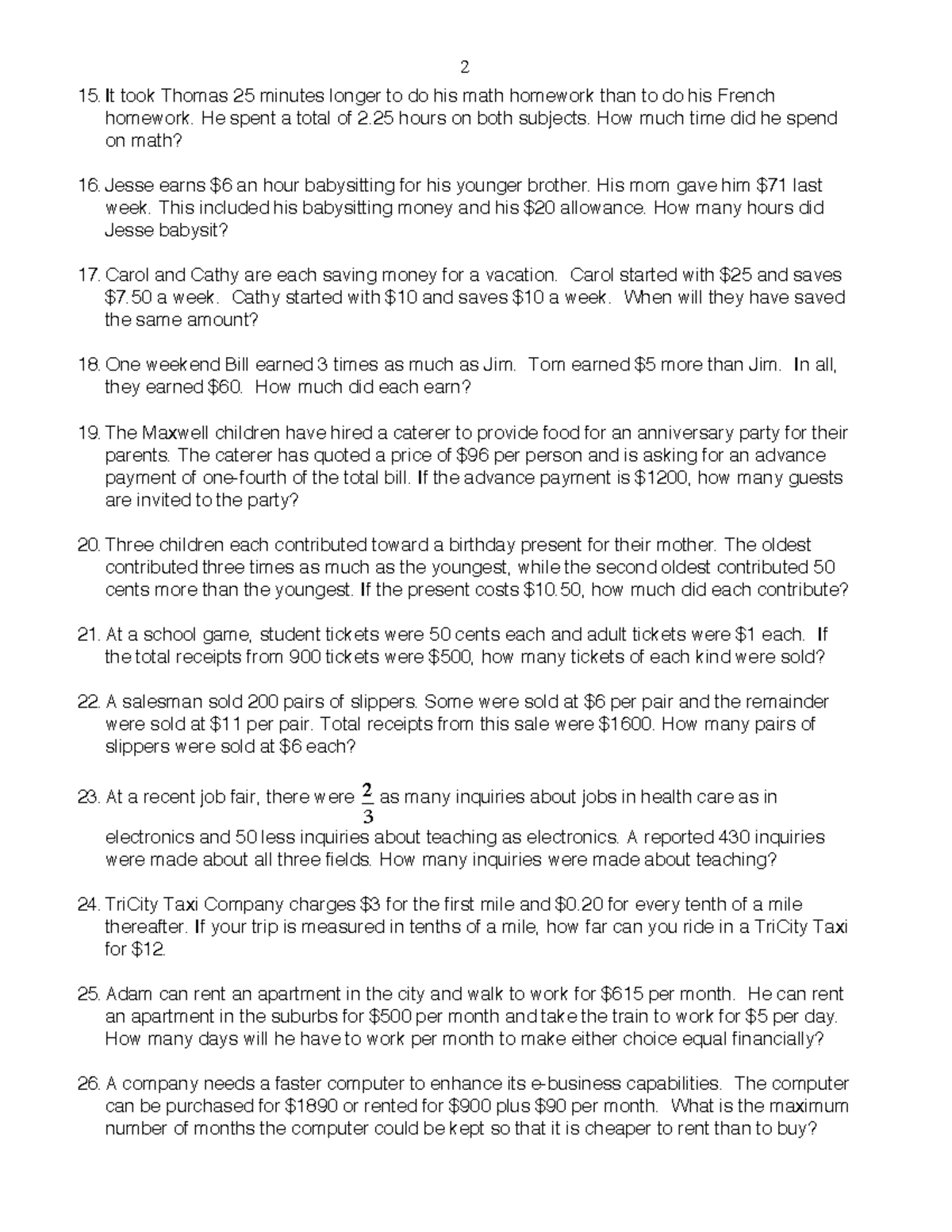 Word Prob Packet 2 (dragged) - 2 It took Thomas 25 minutes longer to do ...