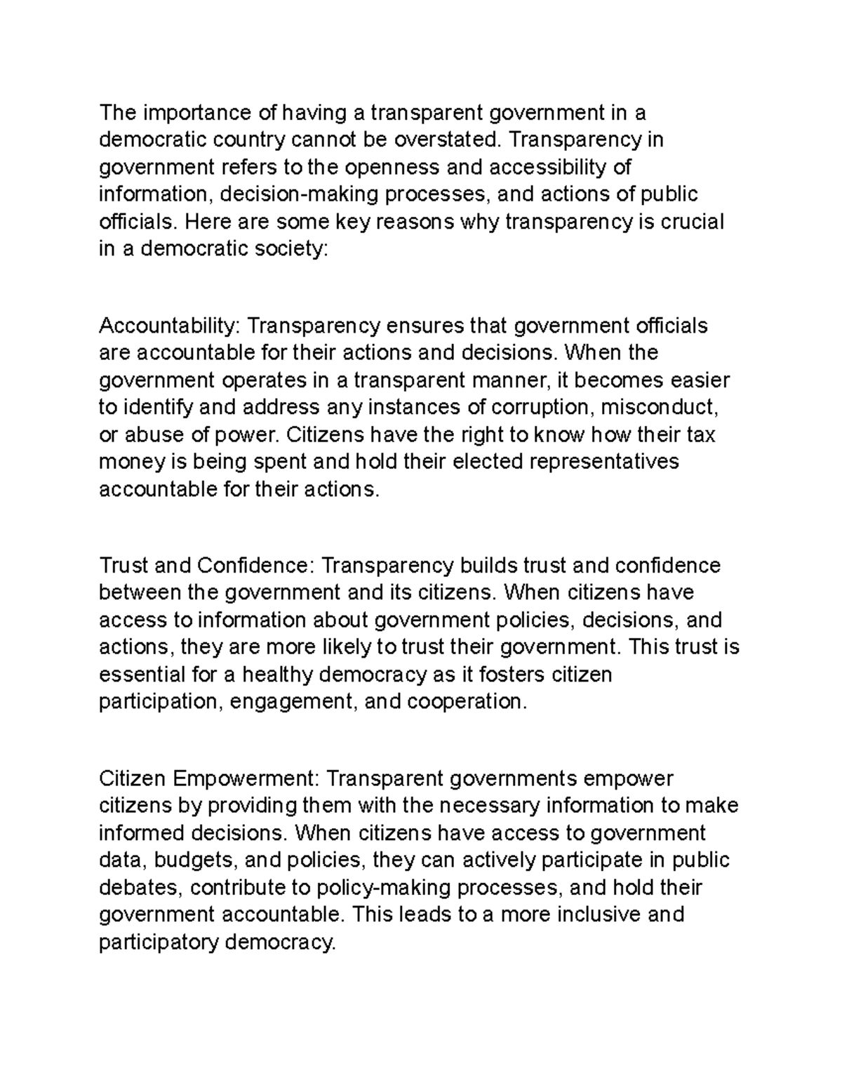 The Significance of Government Transparency in Democracy - Studocu