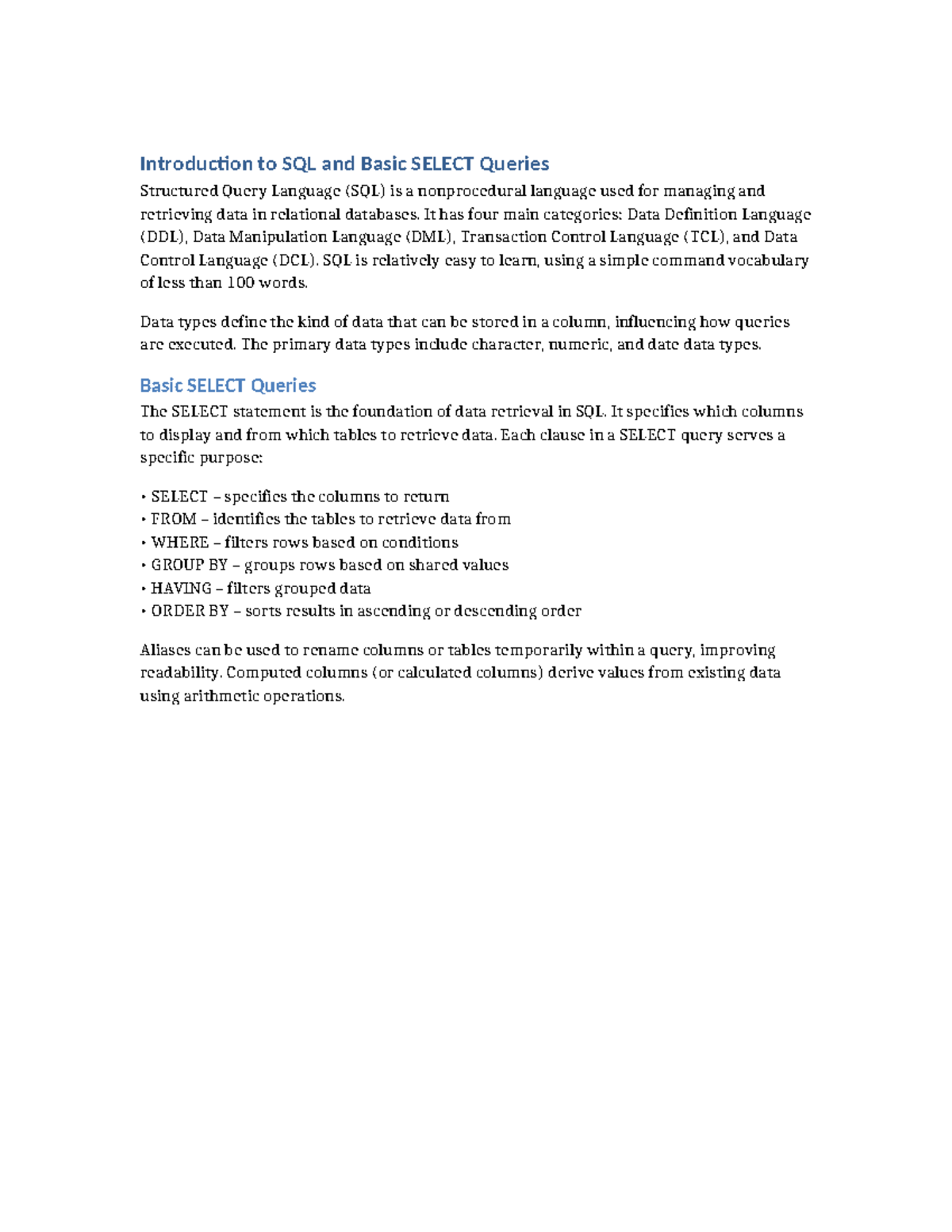 SQL Summary Part 1: Intro to SELECT Queries and Data Types - Studocu