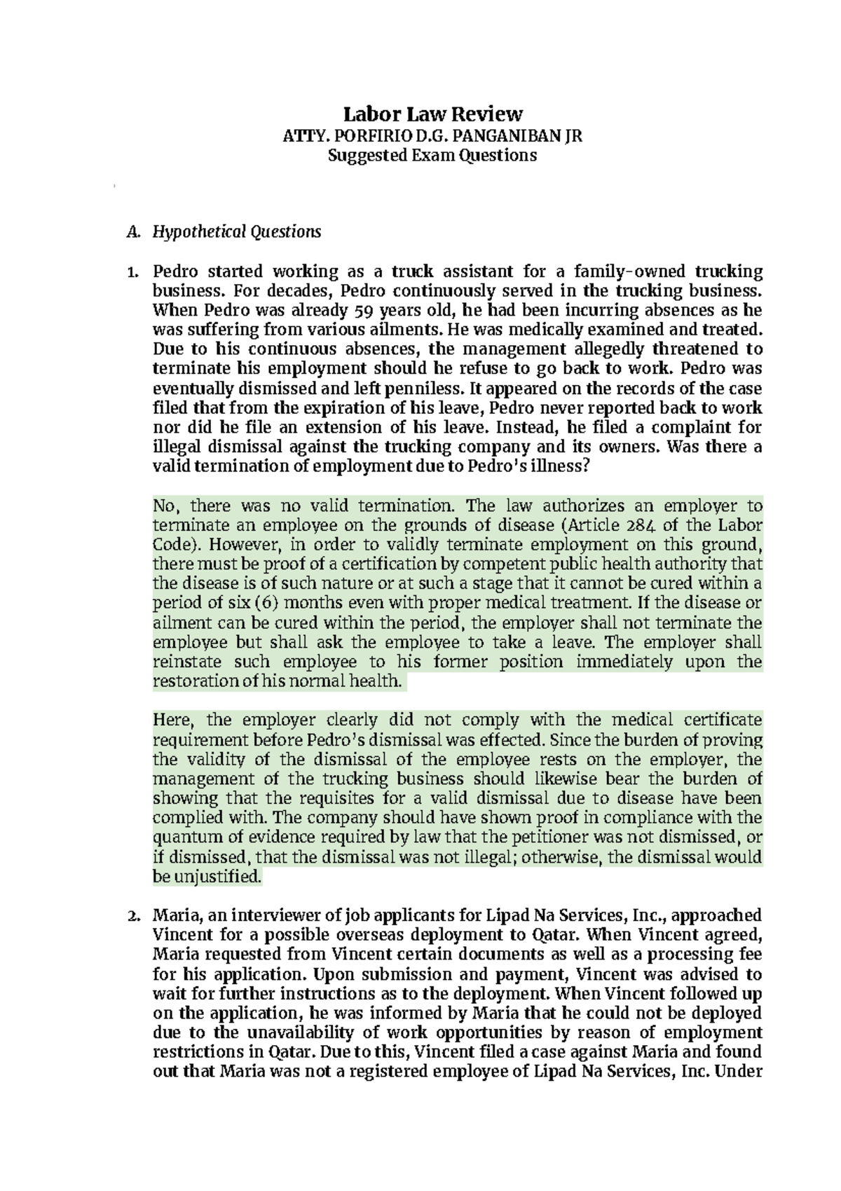 Labor Law Midterm Review: Suggested Exam Questions & Answers - Studocu