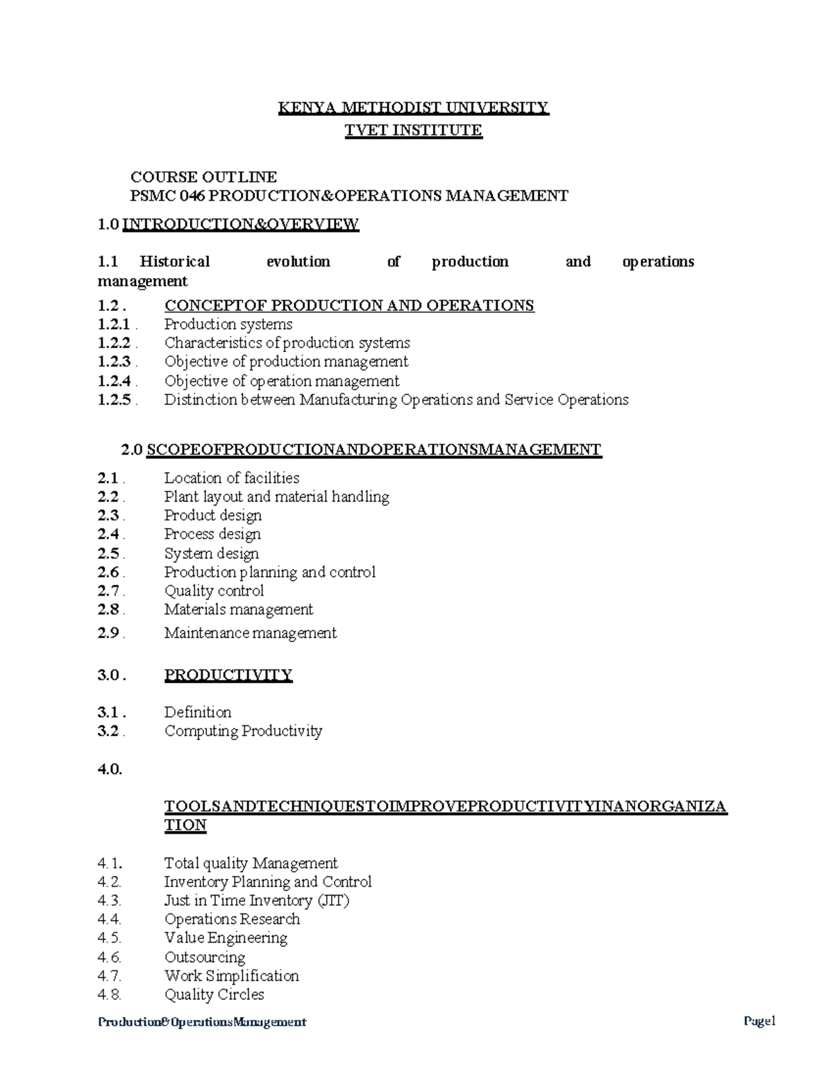 PSMC 046 Course Outline: Production and Operations Management - Studocu