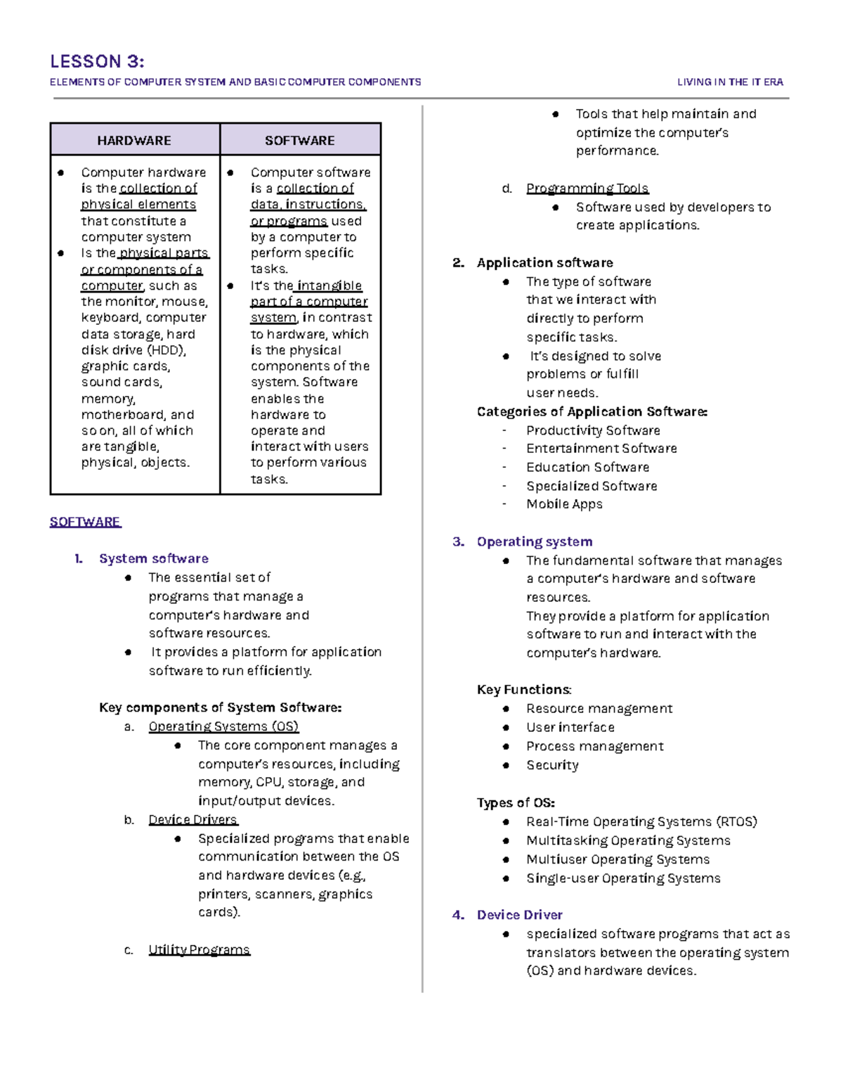 IT Lesson 3 - notes - ELEMENTS OF COMPUTER SYSTEM AND BASIC COMPUTER ...