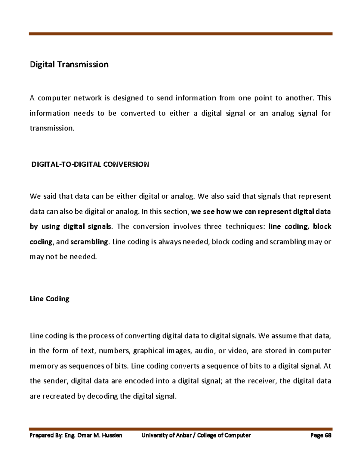 Digital Transmission Techniques: Line Coding & PCM (Course Code: CSE101 ...