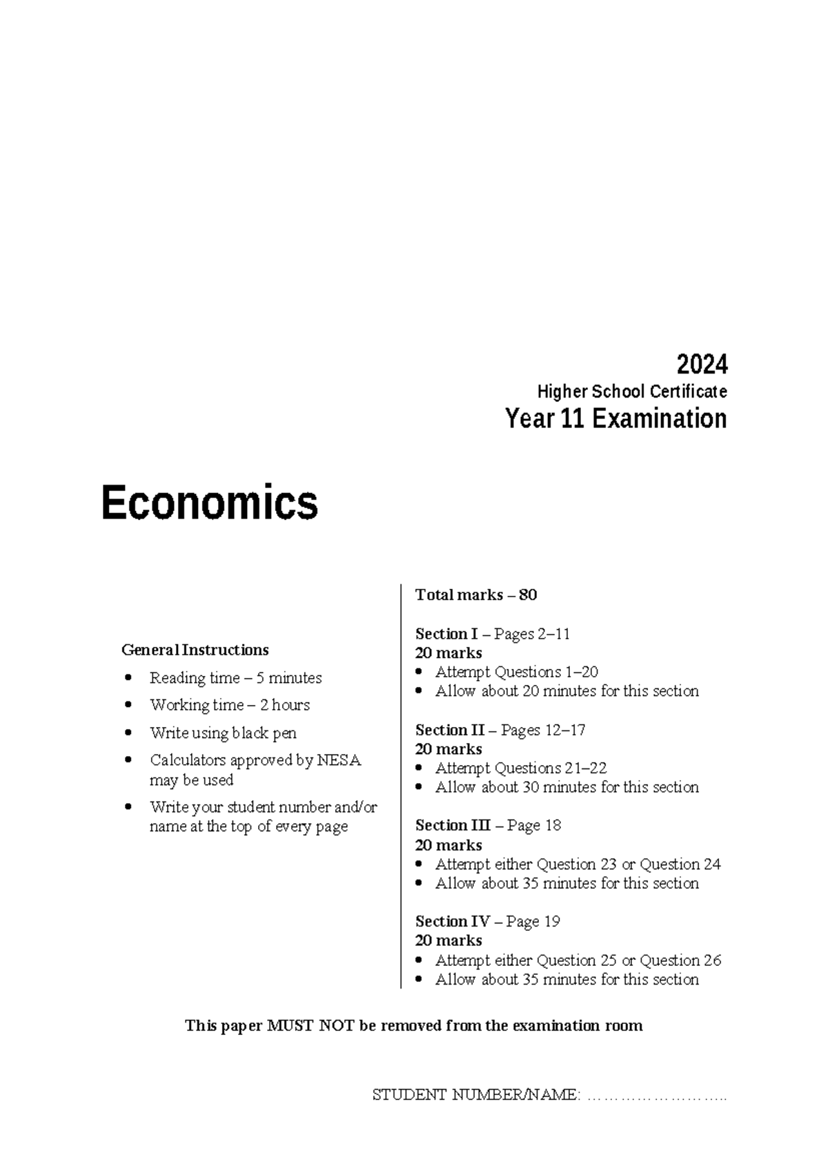 Economics Year 11 HSC Exam Questions 2024 - Total Marks 80 - Studocu