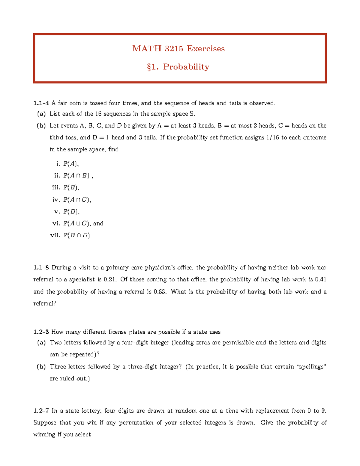 MATH 3215 Chapter 1 Probability Exercises and Problems - Studocu