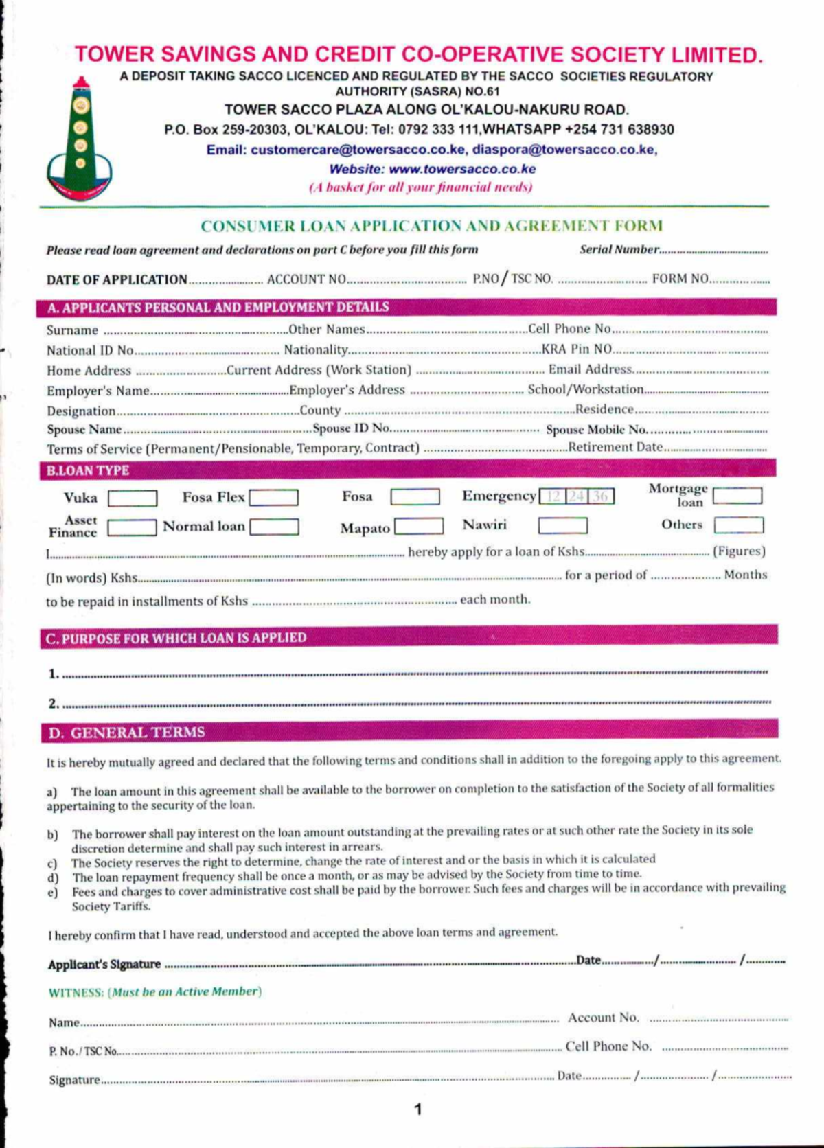 Loan Application Form - Tower Savings and Credit Society Limited - Studocu