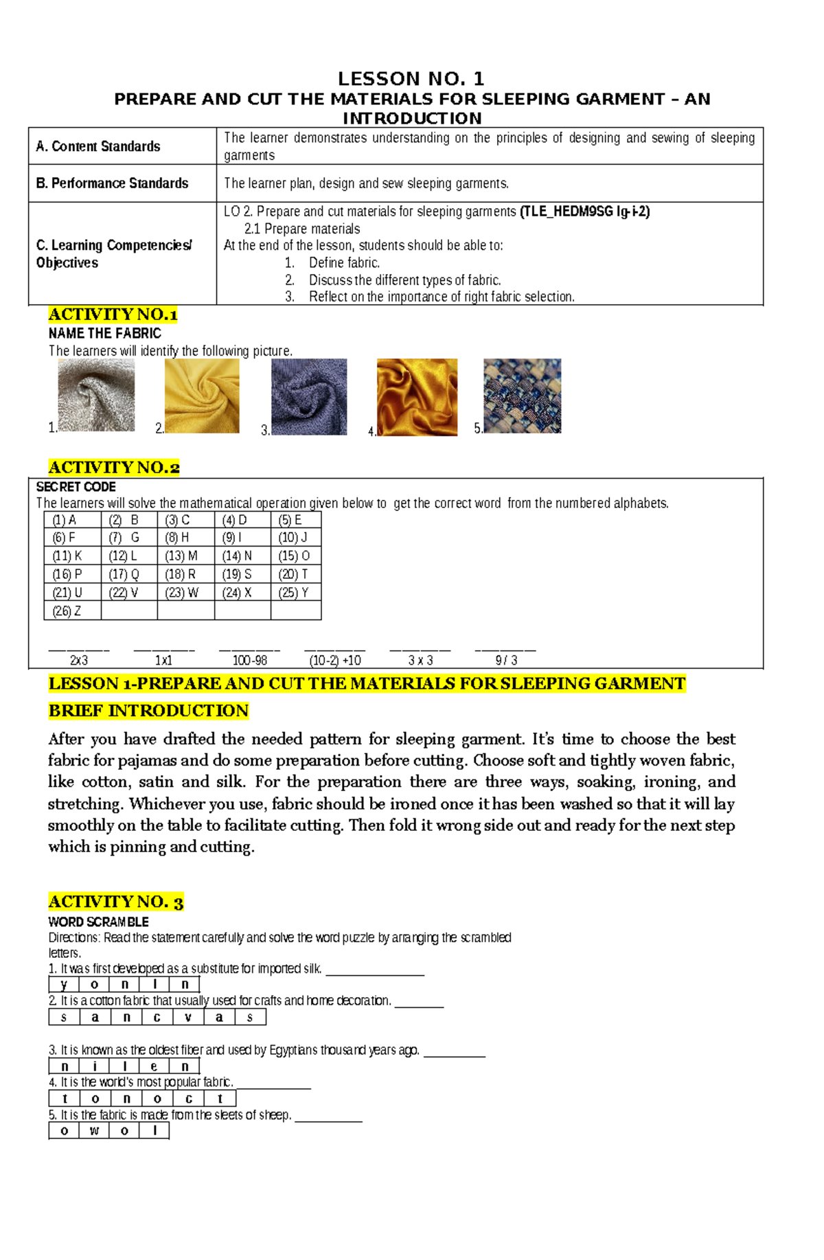 OWN SLM - LO2 - Cutting and Preparing Materials for Sleepwear - Studocu