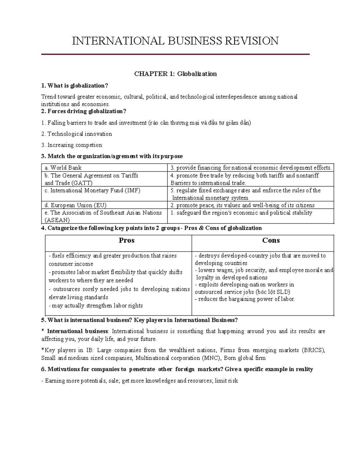 International Business Revision Notes: Key Concepts and Market ...