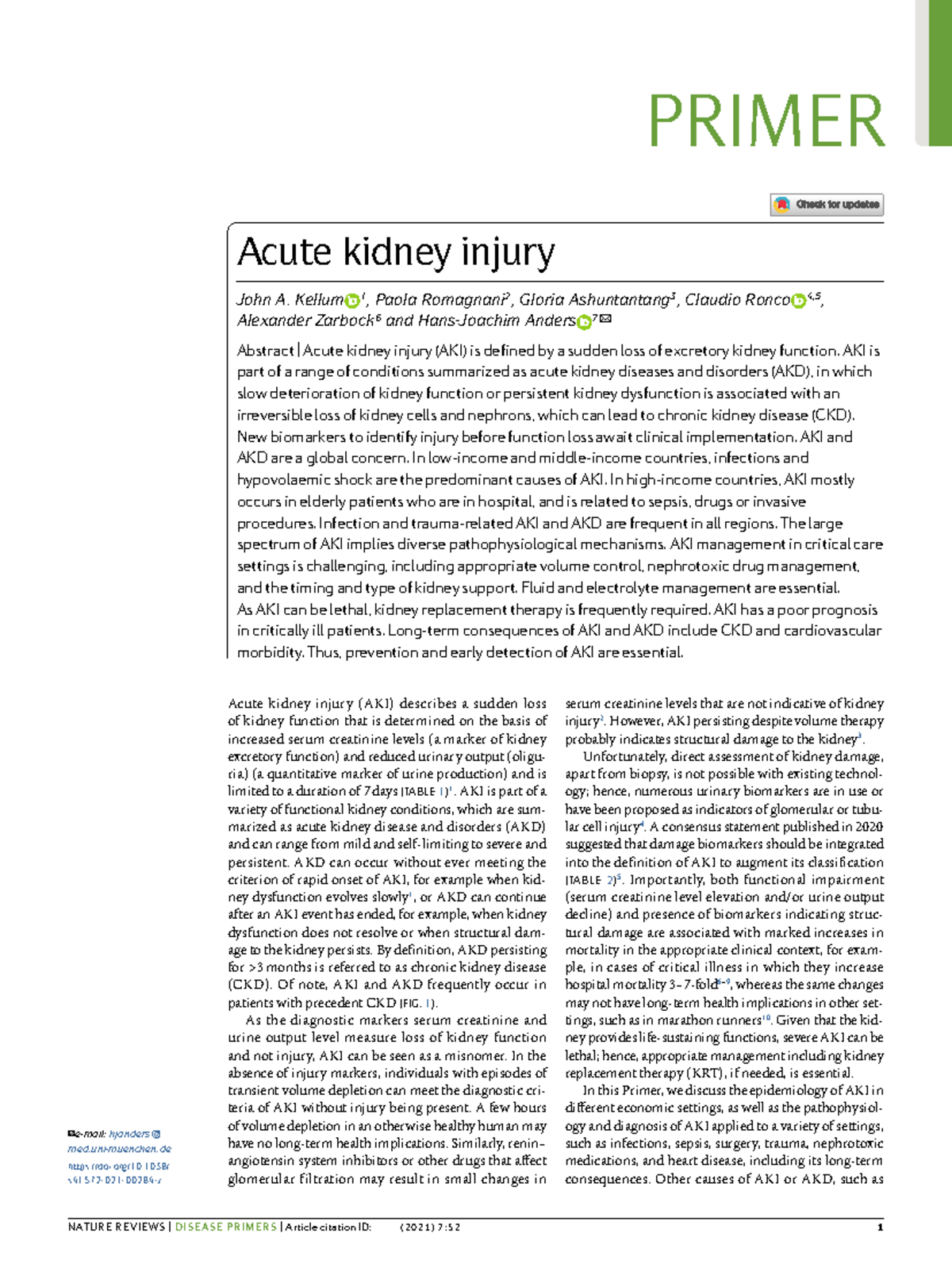 PRIMER AKI: Understanding Acute Kidney Injury and Its Management - Studocu