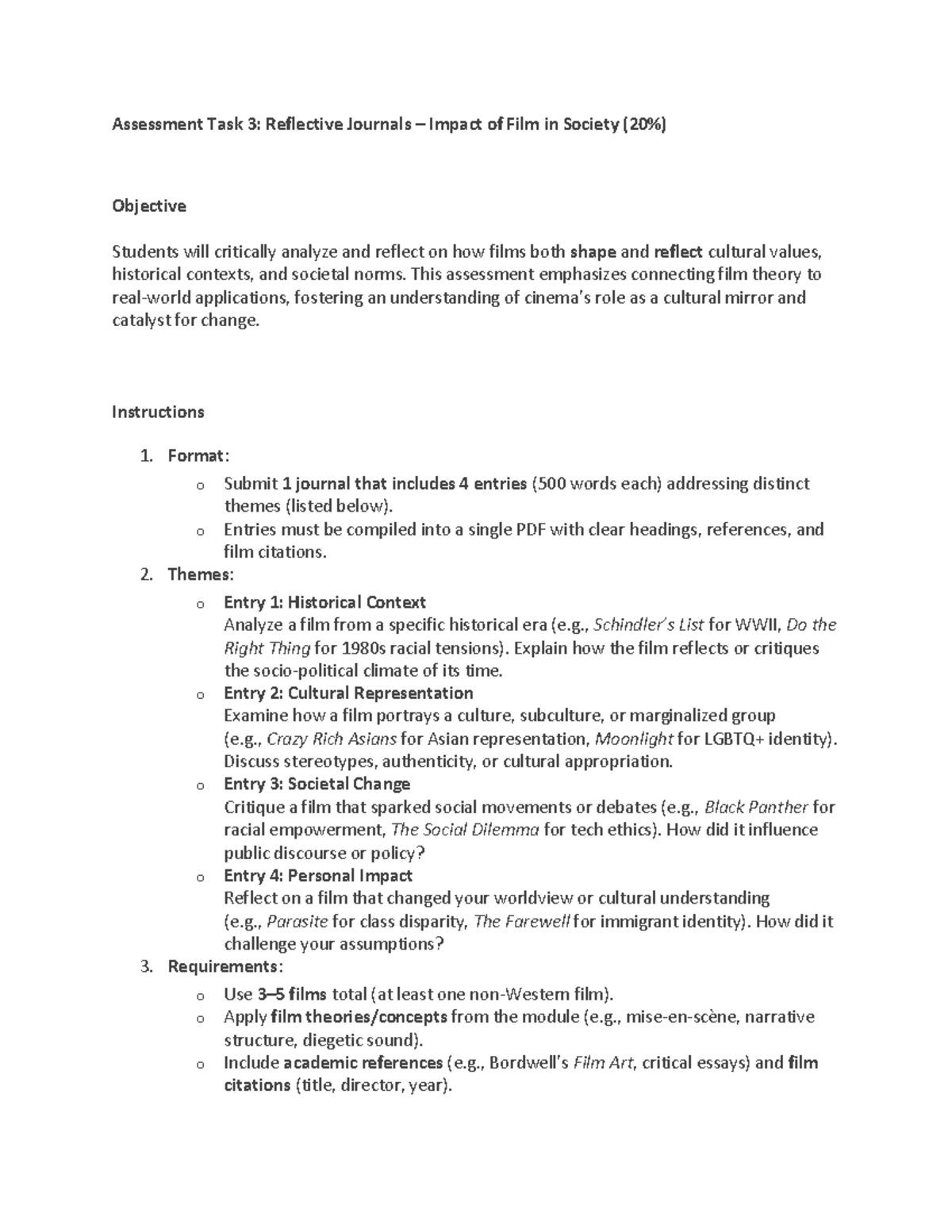 Assessment Task 3: Reflective Journal on Film's Societal Impact - Studocu