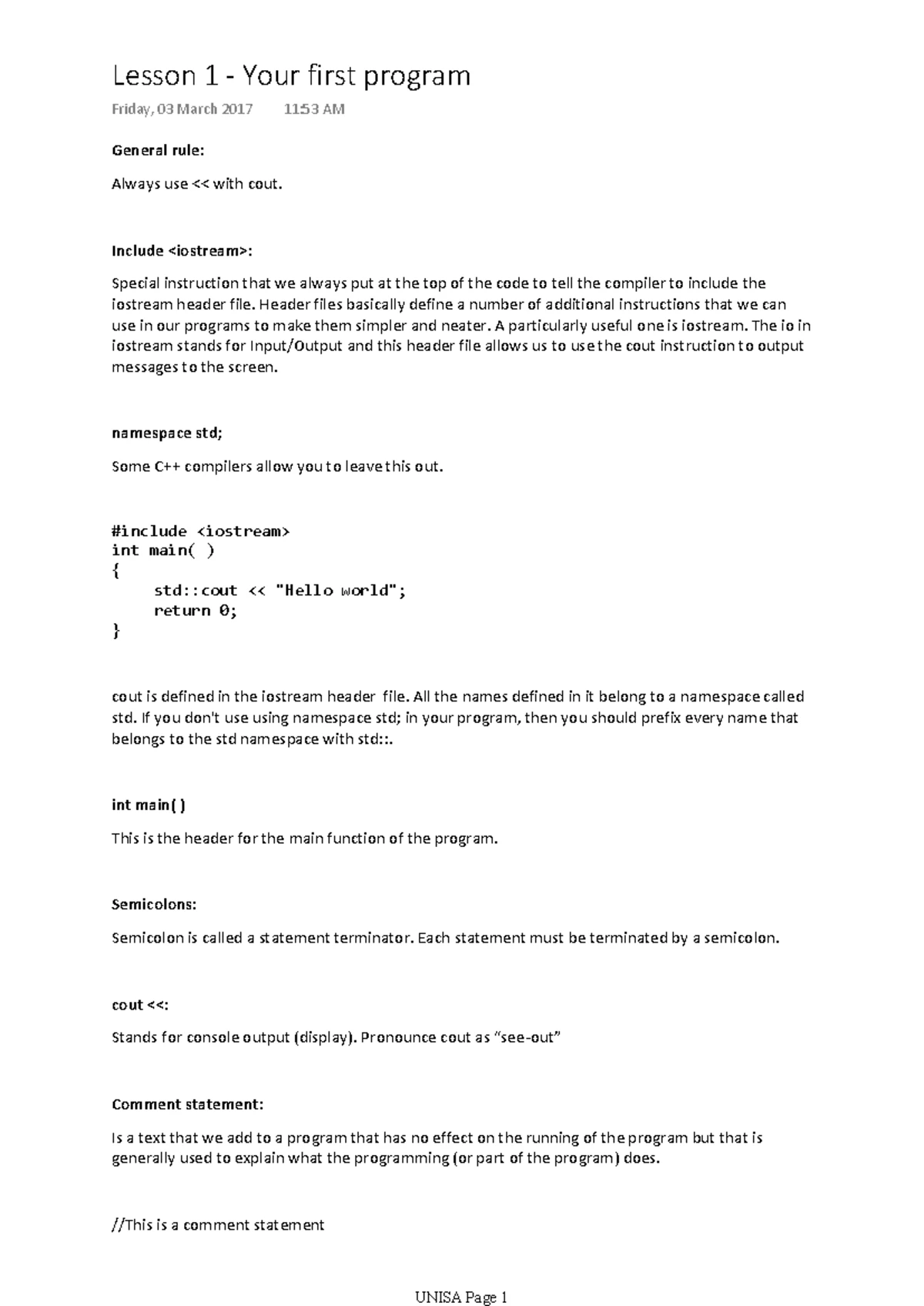 Lab Test 1: Intro to Algorithms & Programming (COMS1018A) - Studocu