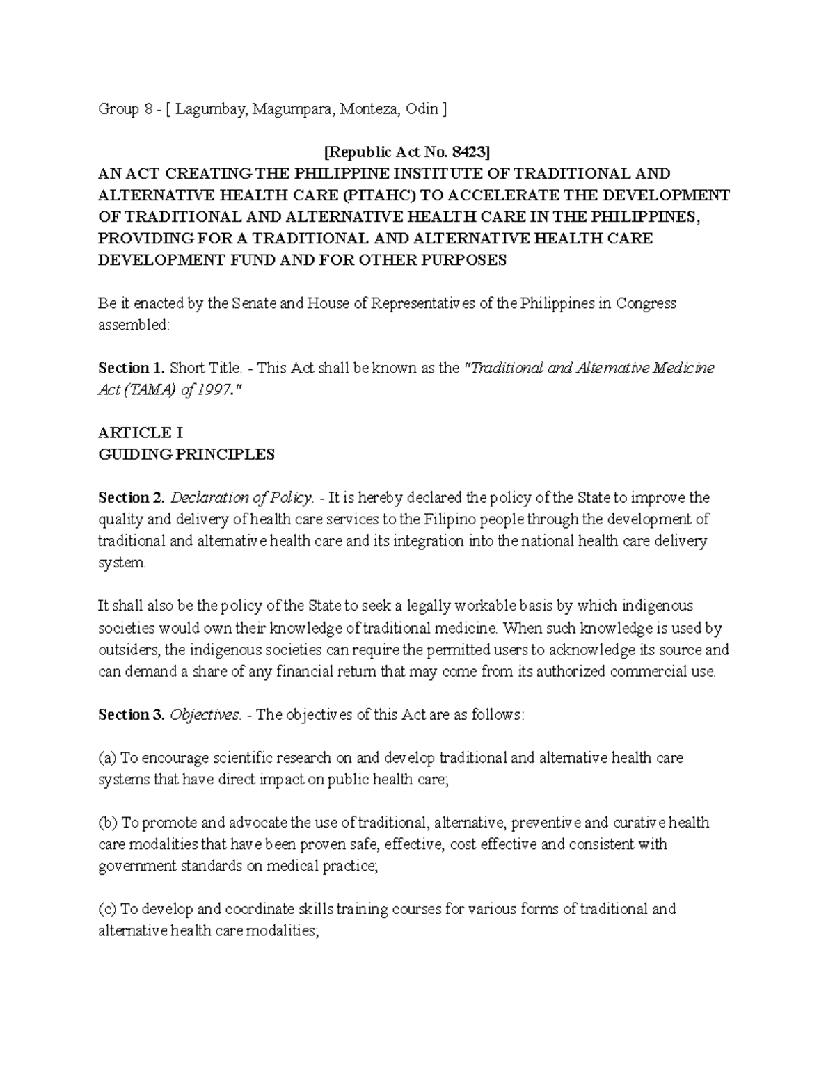Republic Act No. 8423: The Traditional and Alternative Medicine Act ...