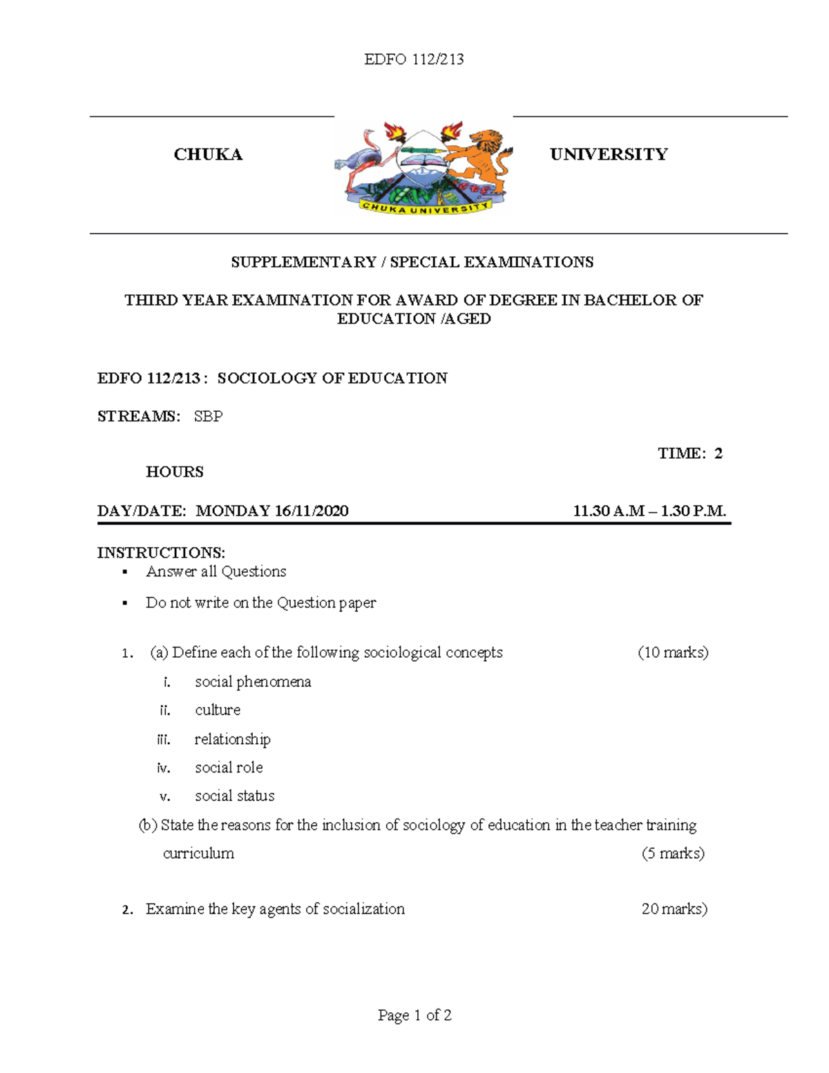 EDFO 112/213 - Sociology of Education Supplementary Exam Questions ...