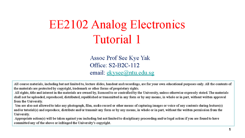 EE2102 Analog Electronics Tutorial 1 Solutions - Studocu