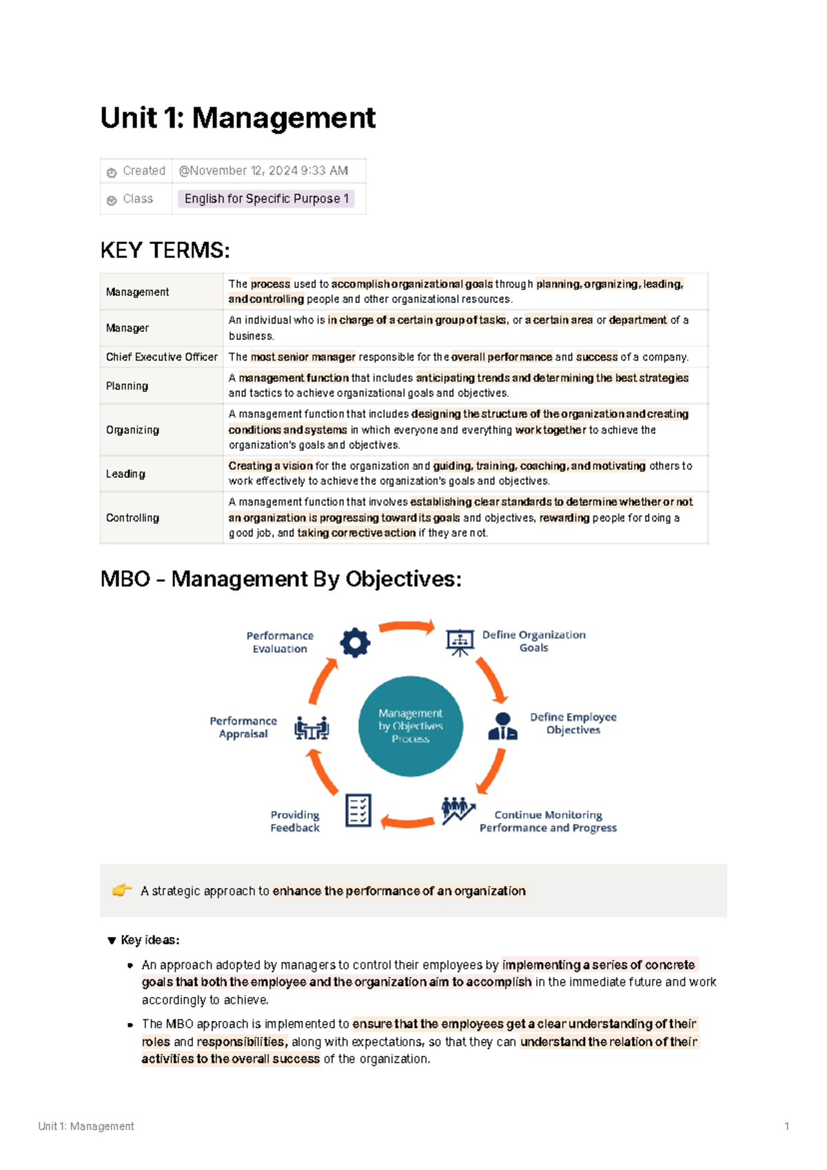 ESP111 Unit 1 - Introduction to Management Concepts and Key Terms - Studocu