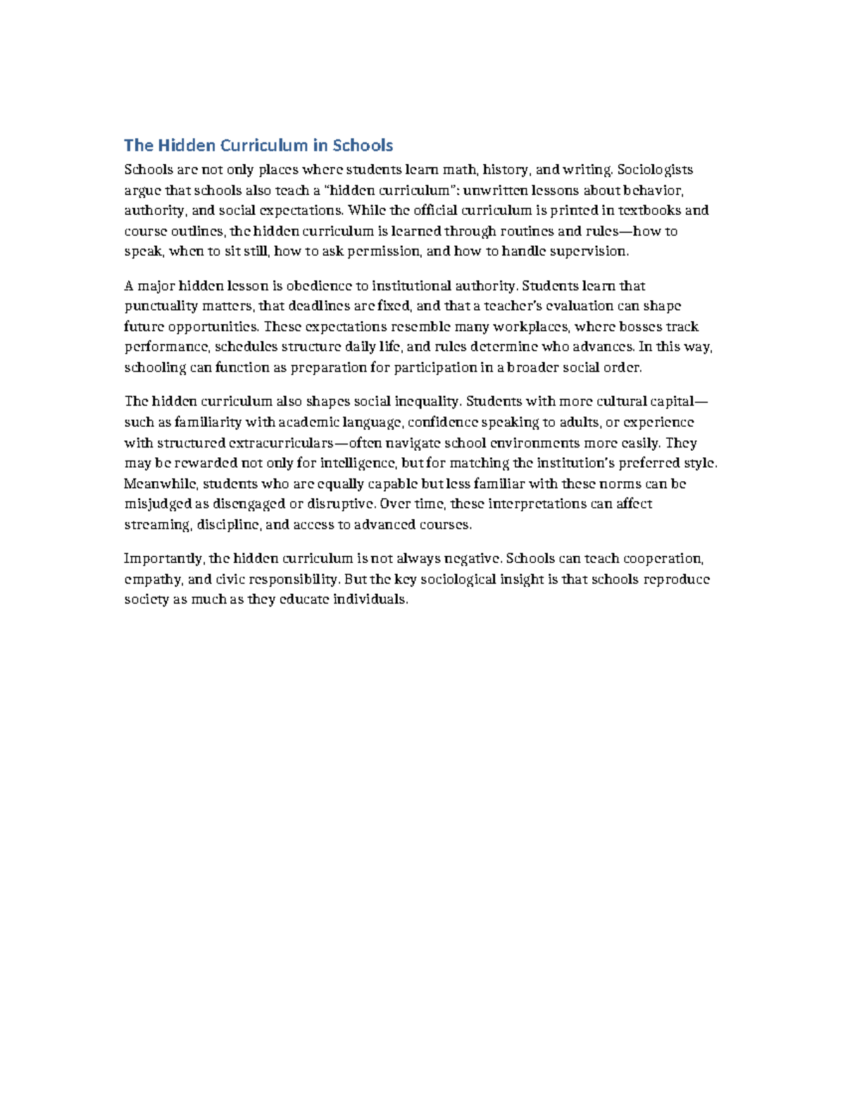 The Hidden Curriculum in Schools: Unwritten Lessons and Social Impact ...