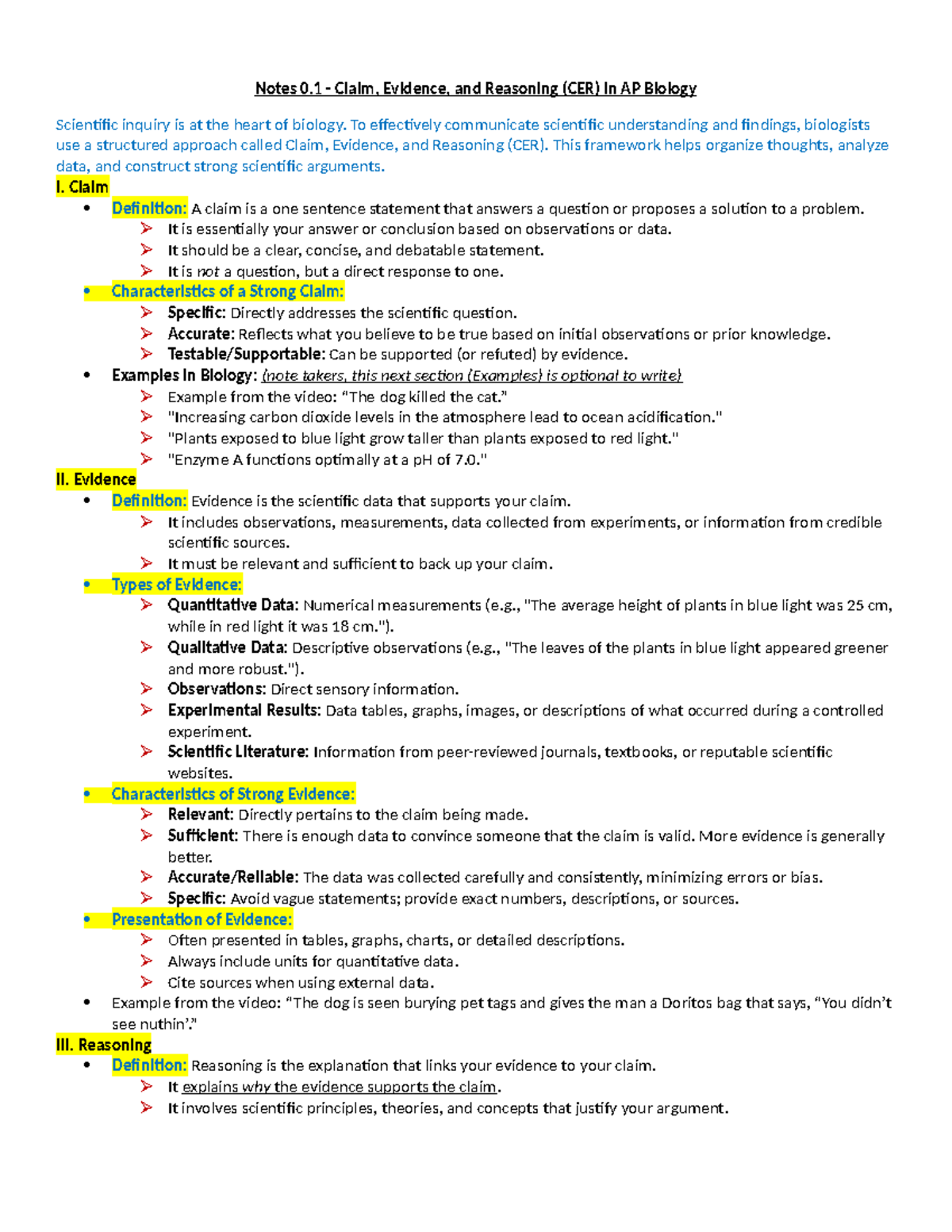 AP Biology Notes 0.1: Claim, Evidence, and Reasoning (CER) Guide - Studocu