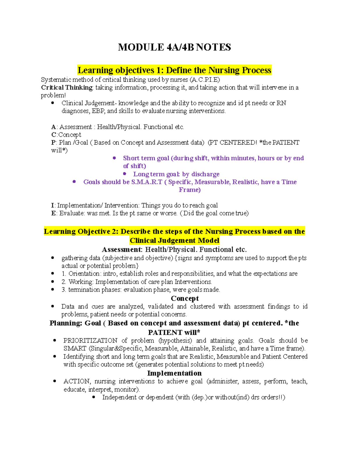 NUR 101 Module 4A-4B Learning Objectives and Nursing Process Summary ...